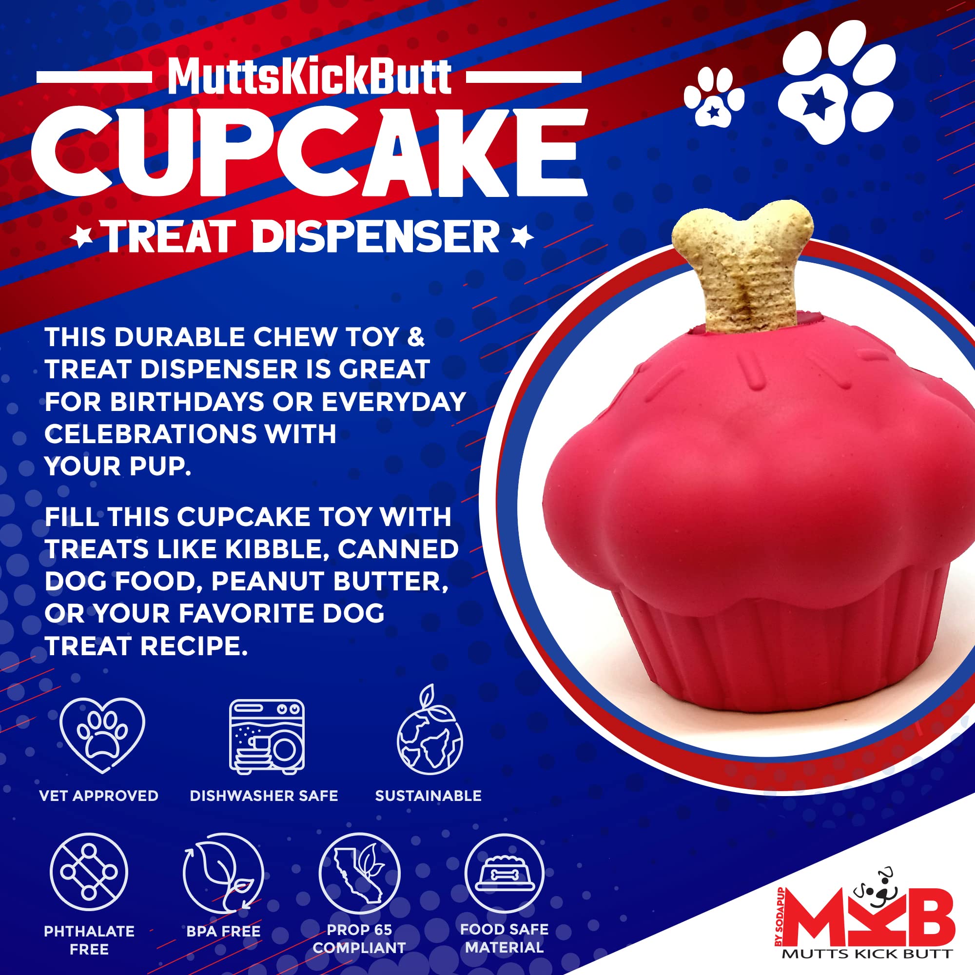 MuttsKickButt SodaPup Spender für Cupcakes und Leckerlis, aus Naturkautschuk, für schwere Kauer, groß, Pink