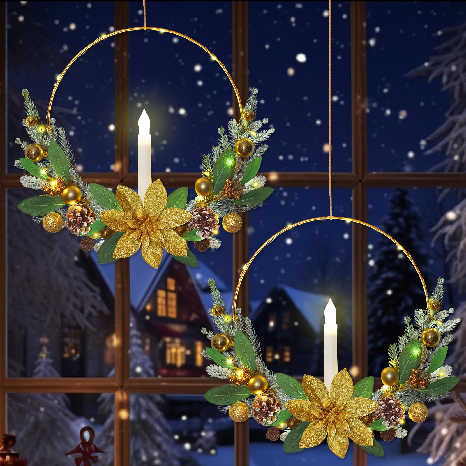 Betylifoy Lot de 2 couronnes de Noël rouges pour porte d'entrée de 40,6 cm avec bougies coniques à DEL pour porte d'entrée, fenêtre, cheminée, décorations de Noël (doré)