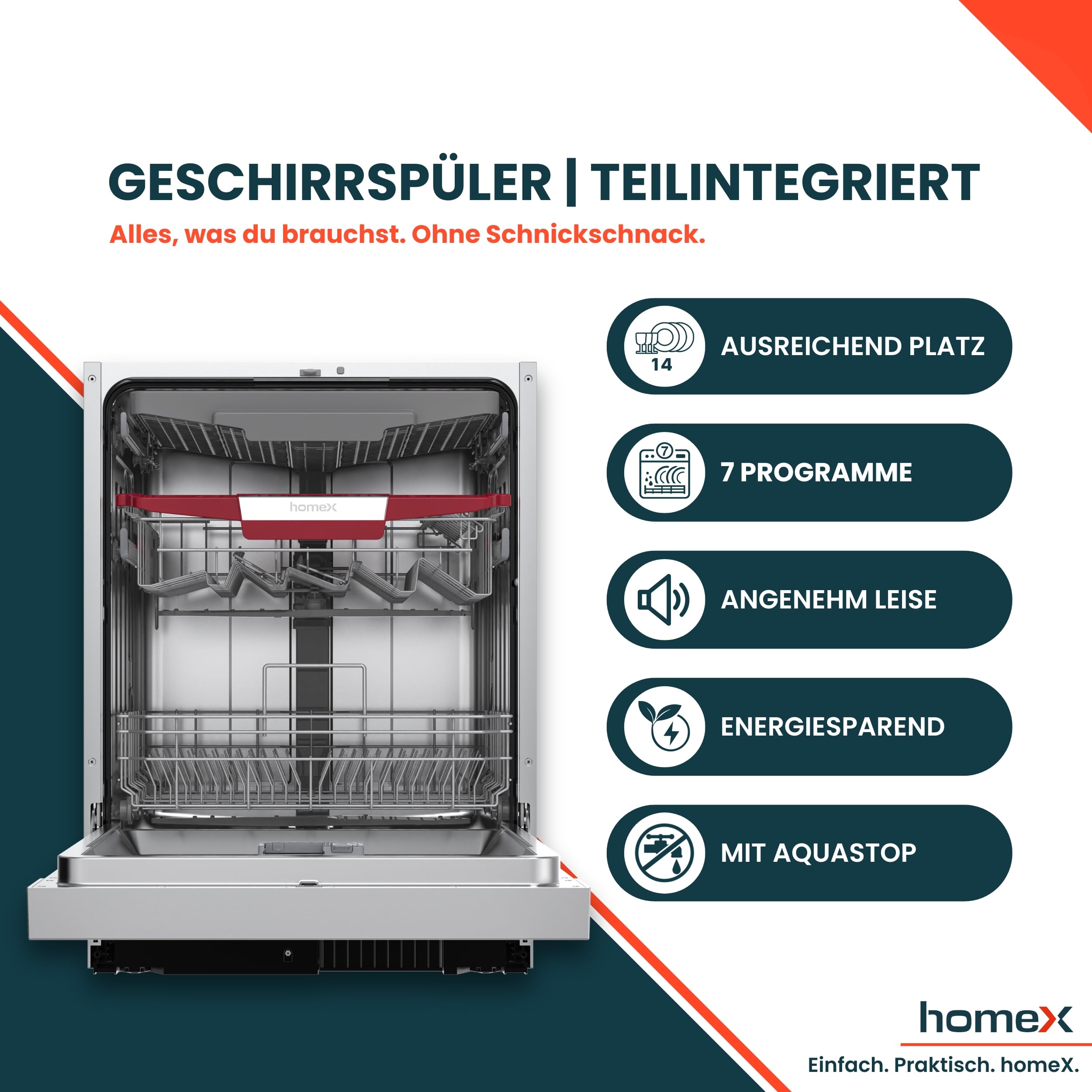 homeX Geschirrspüler 60 cm teilintegrierbar 14 Maßgedecke 7 Programme AquaStop 44 dB DWSI601444C
