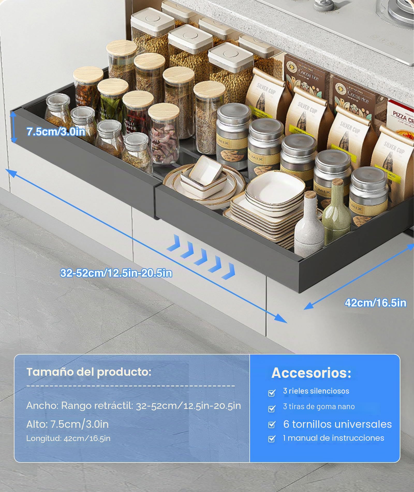 2pcs Cajones Extraibles Para Cocina ,No Requiere Perforación Organizador Cajones, Ampliable Pull Out Cabinet Organizer Cajon Telescopico Adhesivo Para Cocina Baño Armario 32-52x42x7cm(2, Gris)