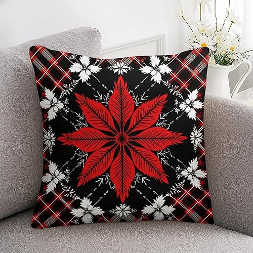 Miniatura 7 de Funda de almohada cuadrada de 26 x 26 pulgadas, diseño de copos de nieve a cuadros negros y rojos, funda de cojín moderna de satén de satén de seda