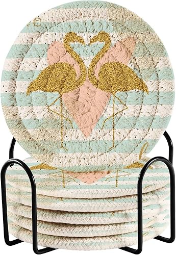 Coasters Set with Holder 6 Pack Drink Coasters for Tabletop Protection Minimalist Coasters Posavasos para Mesa Creativity Card Gold Glitter Flamingo
