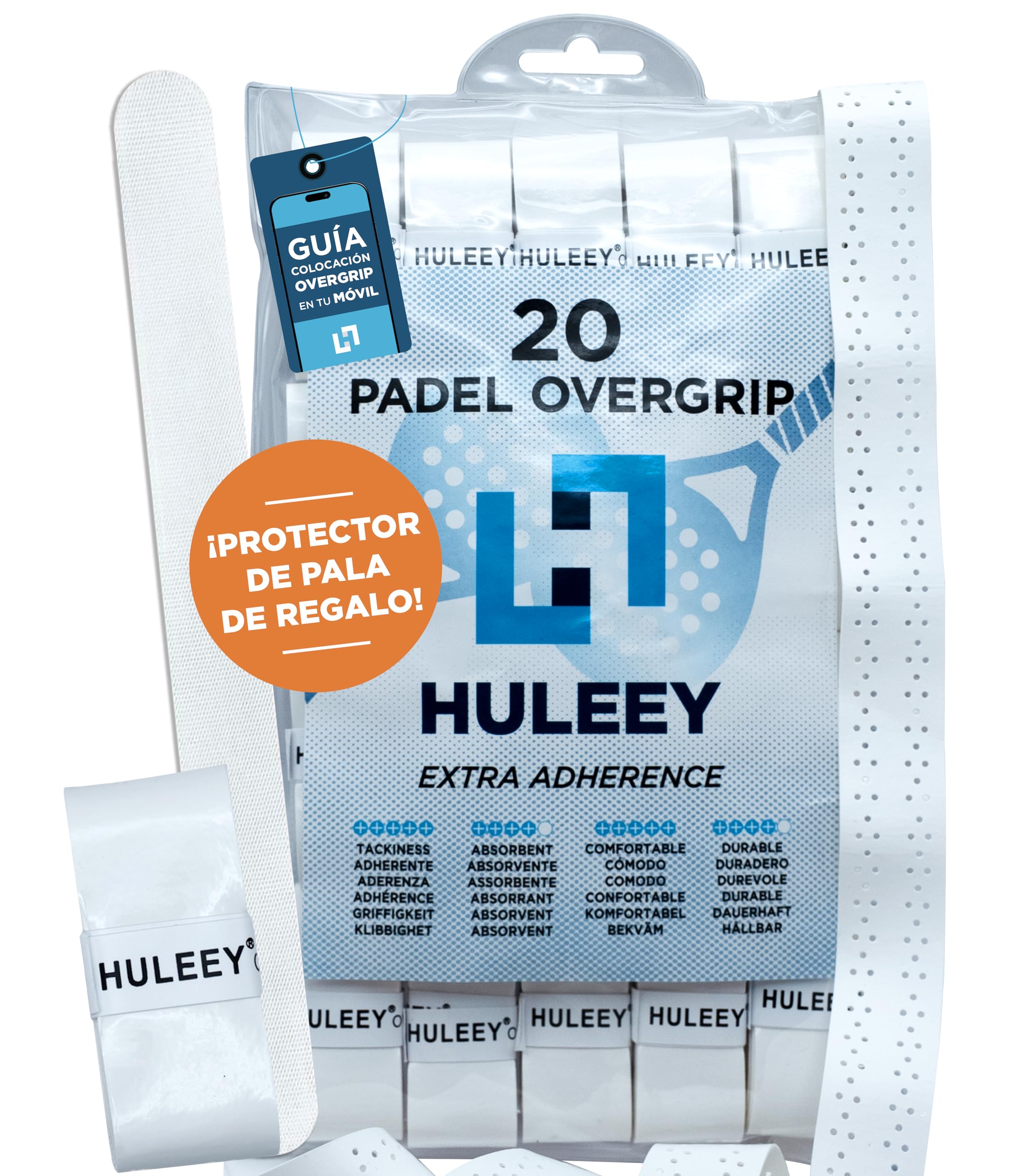 HULEEY Overgrips Pádel Blanco Perforado – Packs 6/12/20/60 – Antideslizante Extra-Adherente – Alta Absorción – Incluye Protector de Pala