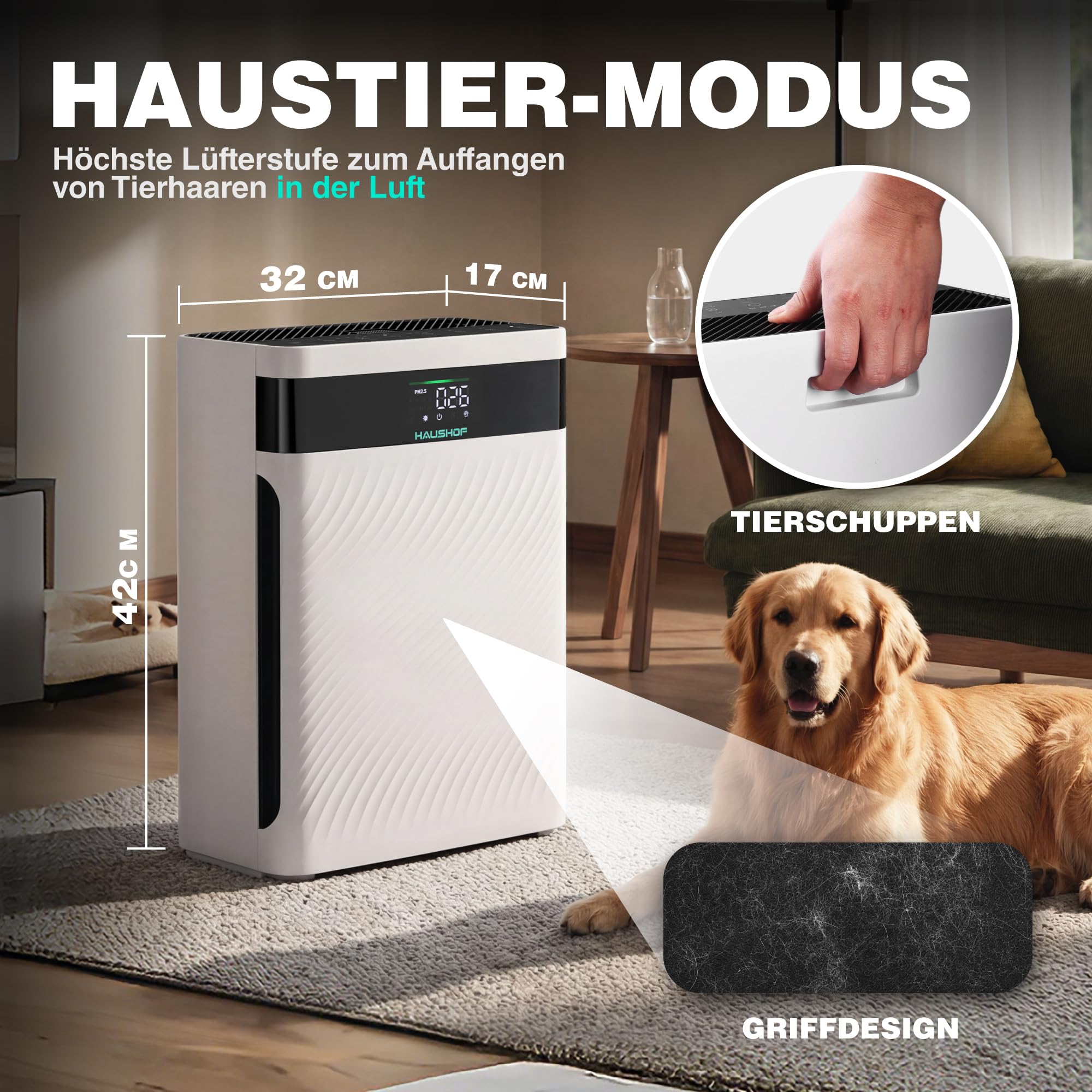 HAUSHOF Luftreiniger Allergiker mit HEPA Luftfilter entfernt 99,97% Partikel wie Staub, Pollen, Tierhaare, CADR 250 m³/h, PM2.5 LED-Anzeige, mit Haustier-Modus, 30dB Schlafmodus, Aromatherapie