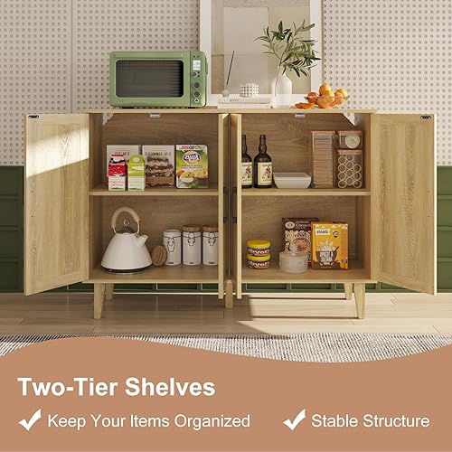 Miniatura 4 de Armario de almacenamiento con ribete de ratán, aparador de 4 puertas con almacenamiento, armario decorativo con estantes para baño, cafetería,