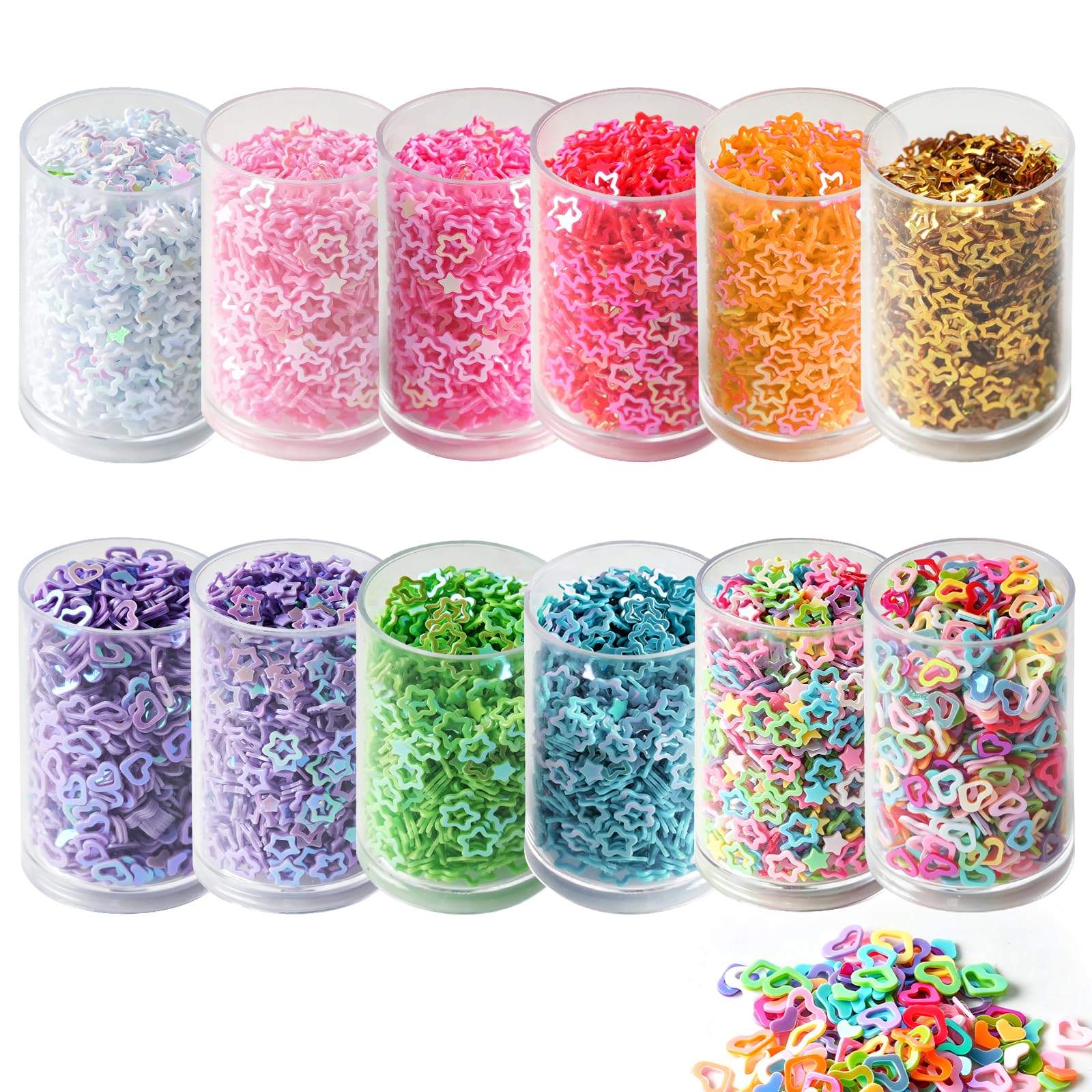 TQIOQIY 12 Pcs Sequins for Crafts, 6 Colours Star + 2 Colours Heart Glitter Confetti, Iridescent Hollow Sprinkles for Nail Art, Jewellery, Wedding Table Confetti, DIY Sewing Embellishments