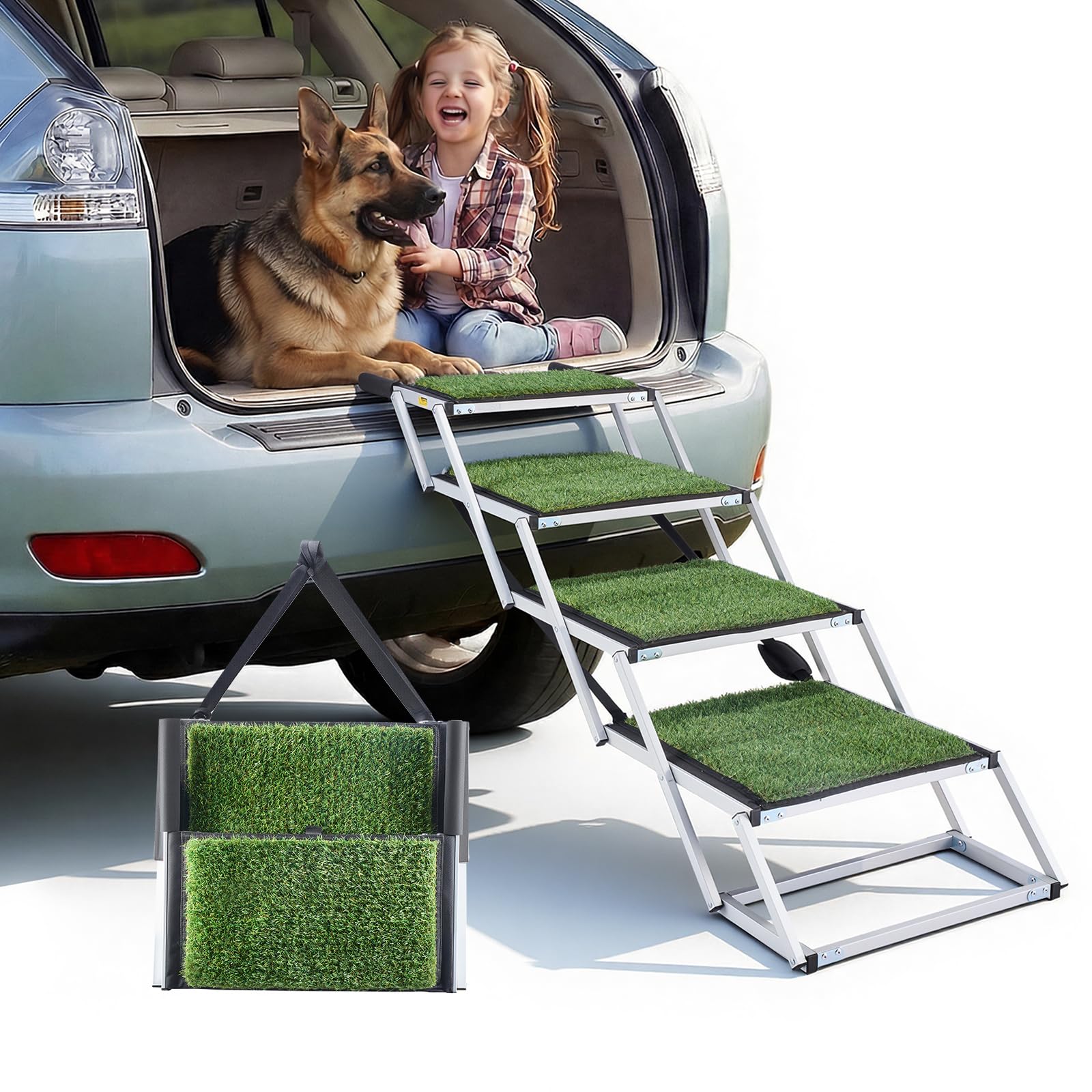 VEVOR Escalera para Perros Plegable para Coche, 4 Peldaños, Rampa para Perros Plegable, Capacidad de Carga de 91 kg, Huella de Hierba Artificial Antideslizante, Ajustable Portátil, Subir a Coche Cama