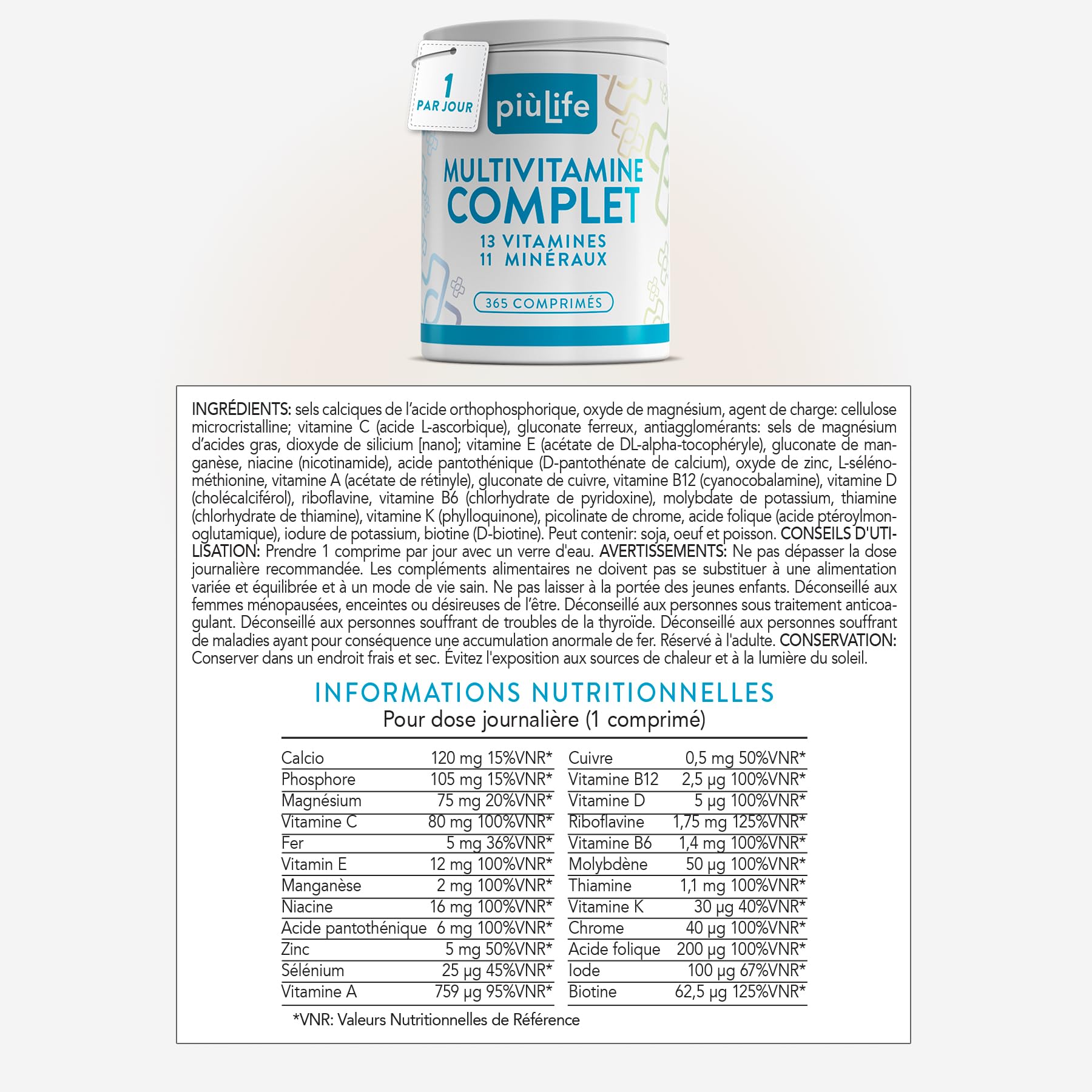 Multivitamines Et Minéraux 1 Par Jour PiùLife (lot de 2), Immunité Adulte Homme Femme Enfants, Vitalité Energie Defense, Hiver, Vitamine D B C Calcium Zinc Fer Magnesium | Immunité Adulte Homme Femme Enfants, Vitalité Energie Defense, Hiver, Vitamine D B
