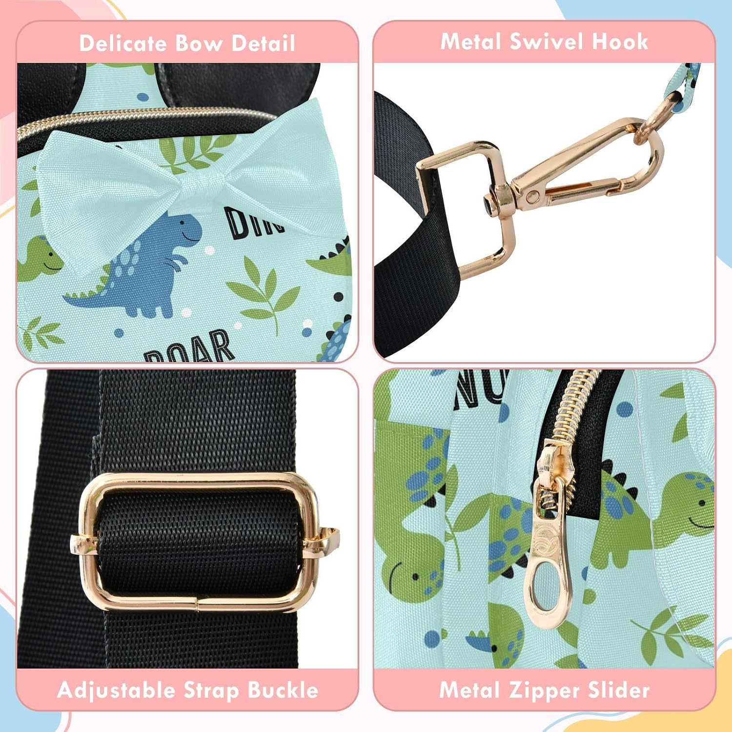 Sinestour Dinosaur Kids Crossbody Bags for Girls, 7.5x3.1x5.7 Inches | Crossbody Fanny Pack, Toddler Purse, Cute Sling Belt Bag with Ears, 2L Small Shoulder Chest Bag for Travel