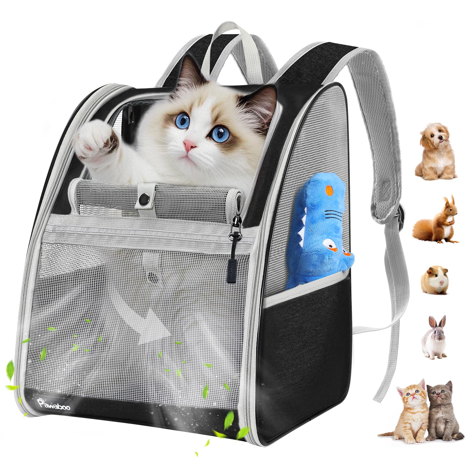 Pawaboo Zaino per Gatti Cani, per Animali Piccoli, da Viaggio Fino a 10 kg, Contenitore da Trasporto Traspirante con Supporto, Borsa per Passeggiata Escursione, Nero