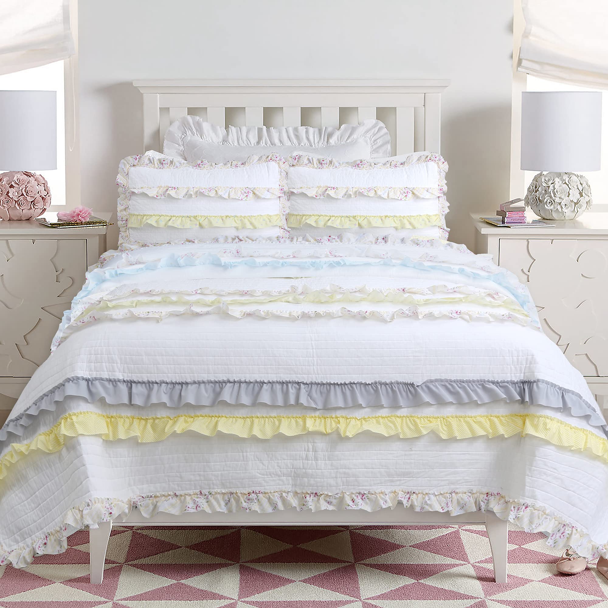 Cozy Line Home Fashions Light Yellow Blue Ruffle Stripe Floral 100% Cotton Reversible Girl Quilt Bedding Set, Reversible Coverlet Bedspread for All Season (California Dreaming, Queen-3 Piece)