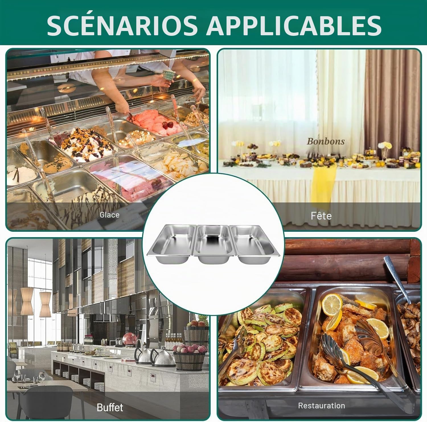 Lot de 3 Plat Inox avec Couvercle, GN 1/2 Bac avec Couvercle, 32,5 x 26,5 x 6,5 cm Bac Alimentaire Inox pour des Fours à Convection, des Chafing Dishes, des Réfrigérateurs