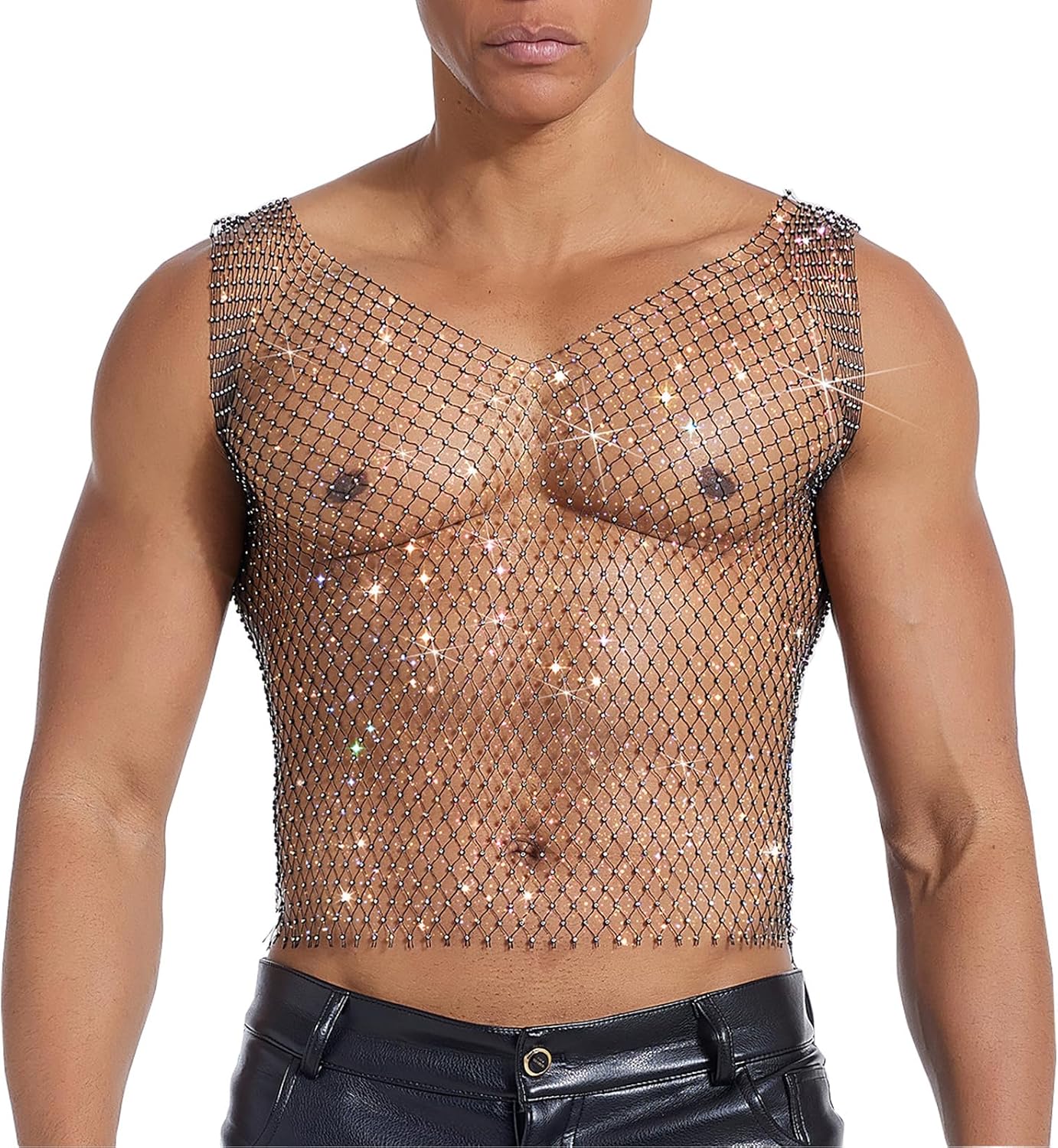 Rhinestone Mesh Top Men Fishnet Tank Top Sexy Sleeveless Cropped Shirt Rave Sheer Vest