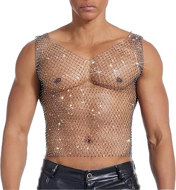 Rhinestone Mesh Top Men Fishnet Tank Top Sexy V-Neck Sleeveless Cropped Shirt Rave Sheer Vest