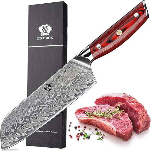 Miniatura 7 de WILDMOK Juego de 7 cuchillos de cocina, juego de cuchillos de acero de Damasco de forja profesional con soporte magnético de cuchillos de madera de