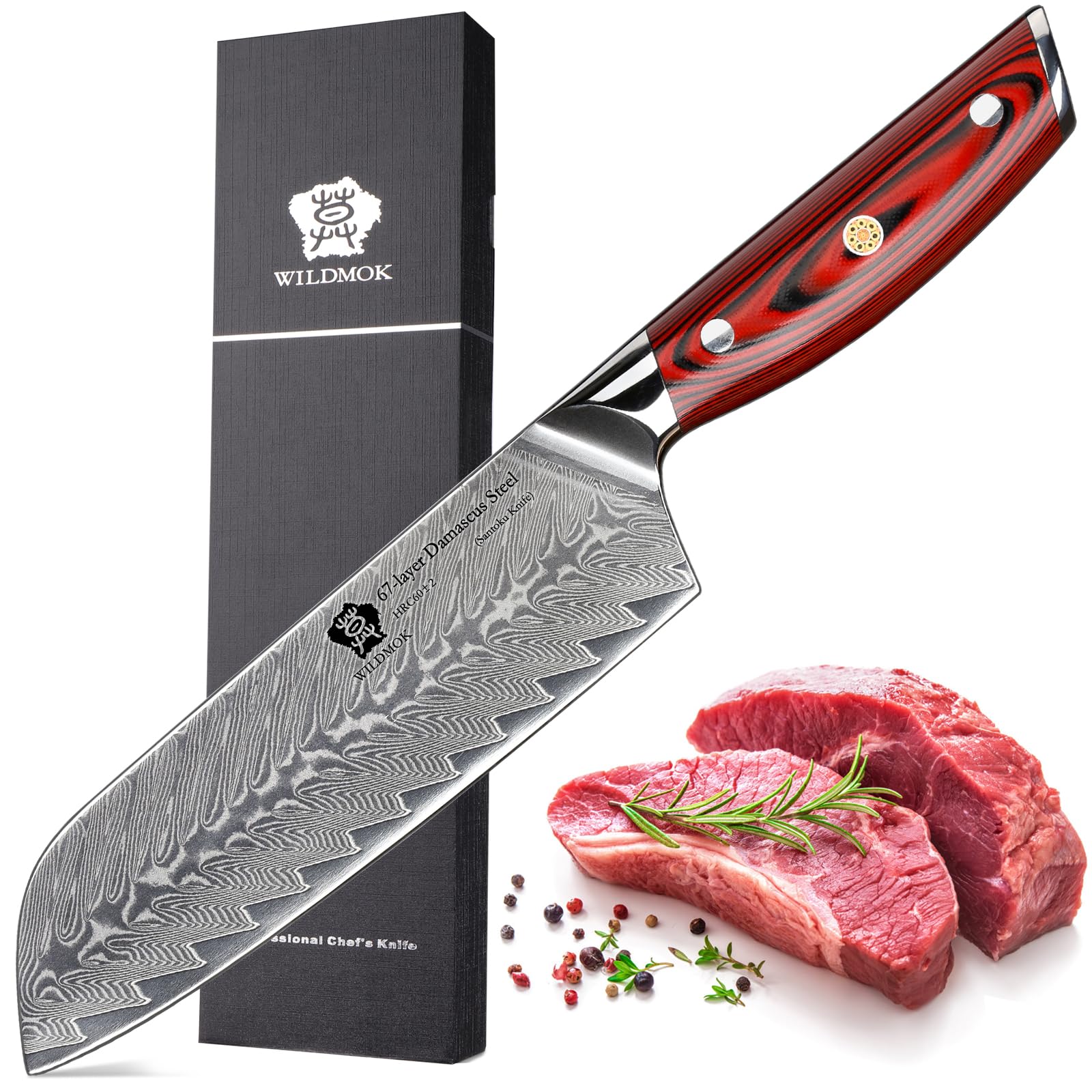 WILDMOK Cuchillo de trinchar Damasco, cuchillo de carne japonés asiático profesional afilado de 18 cm, cuchillo de cocina multifunción de acero súper vg10 para verduras, juego completo Tang