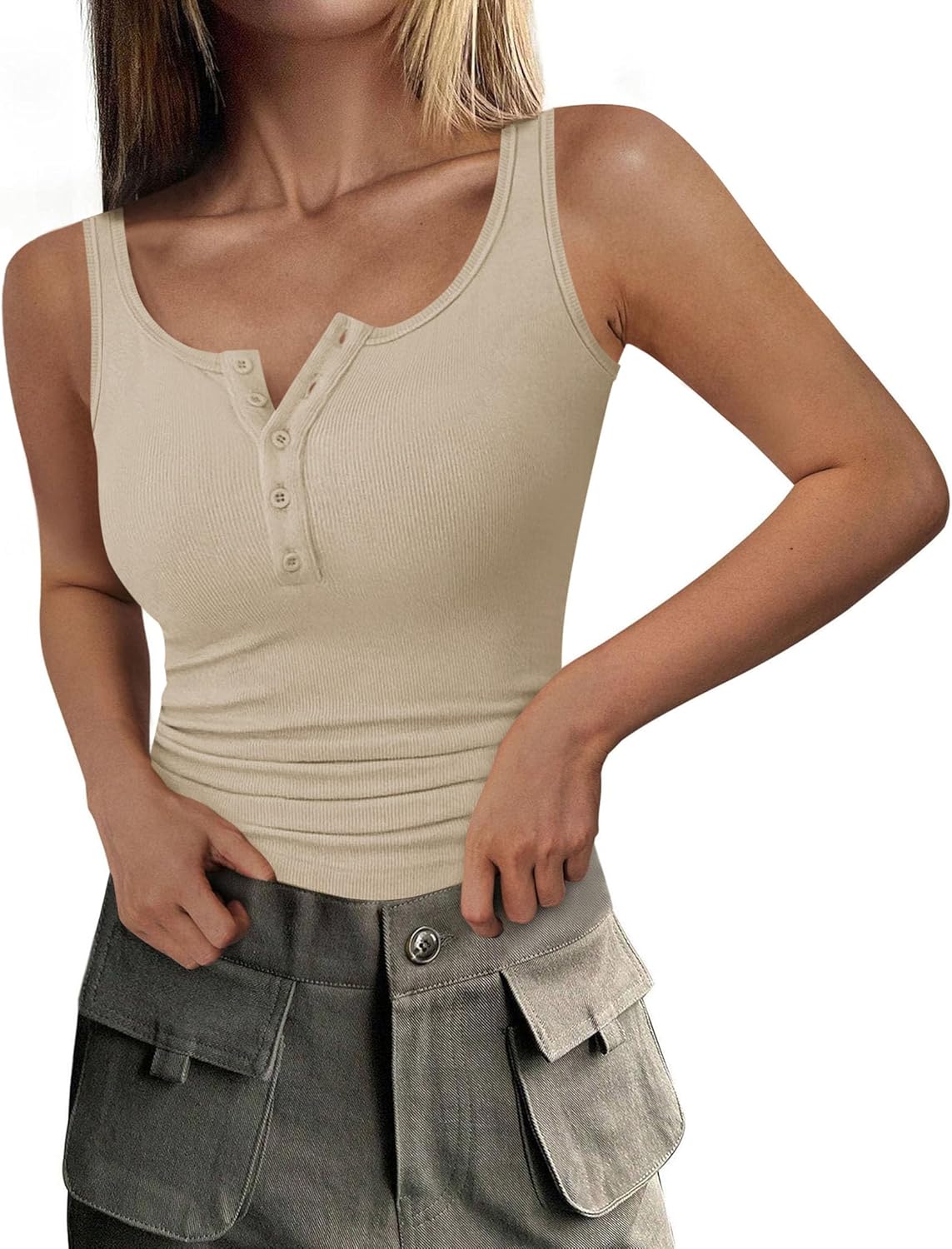 PRETTYGARDEN Womens 2026 Summer Tank Tops Ribbed Knit Slim Fit Sleeveless Henley Shirts Casual Basic Button Up Blouse