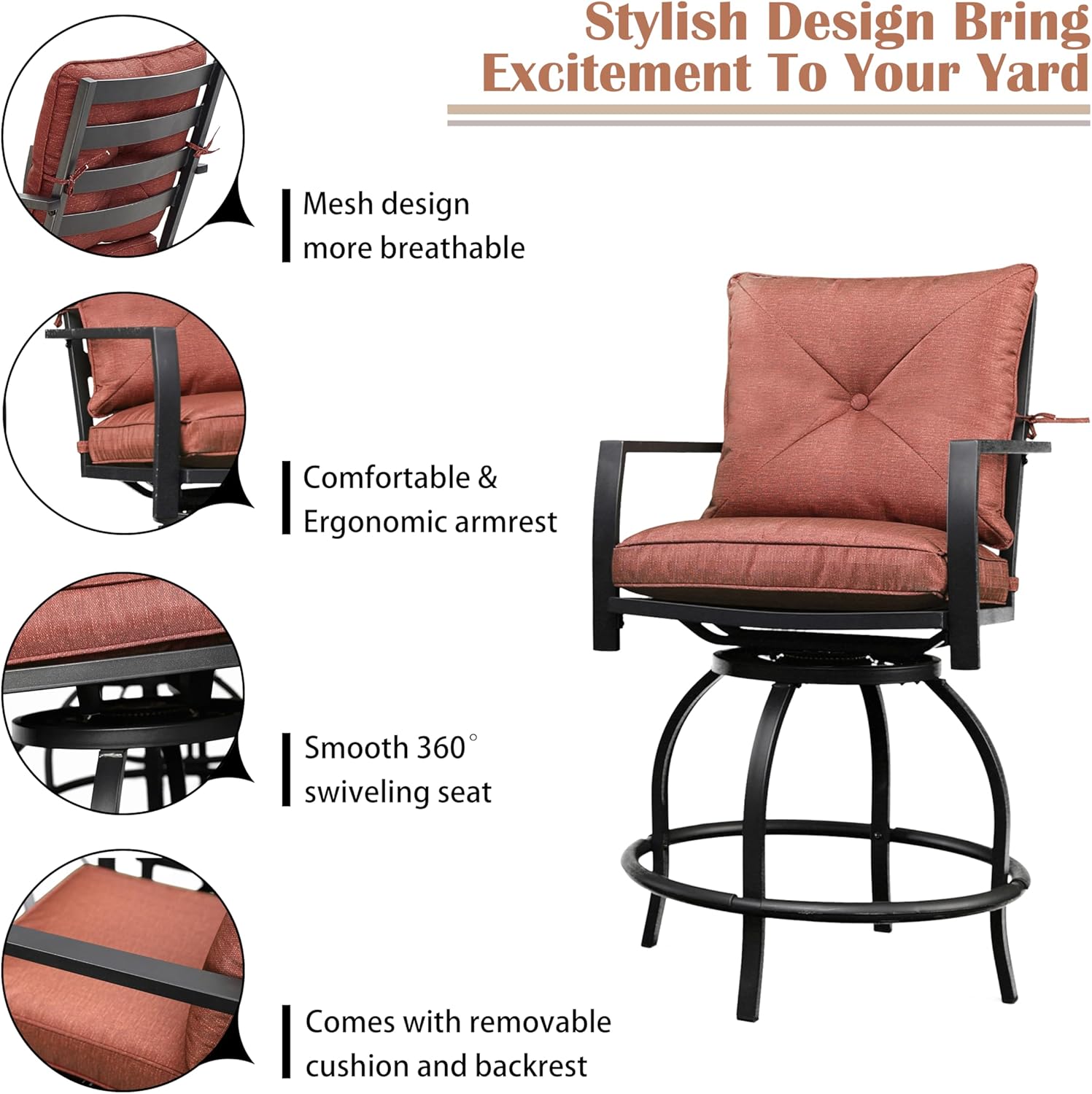 LOKATSE Home 2 PCS Outdoor Patio Bar Height Swivel Chairs with Seat and Back Cushions, for Backyard, Garden, Bistro, Deck, Poolside