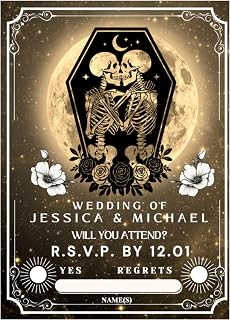 Unique Coffin Halloween Wedding Invitations Tarot Card Handmade Gothic Personalized Custom Hallowedding Goth Invitation with Skeleton Design Moon and Roses with Rsvp