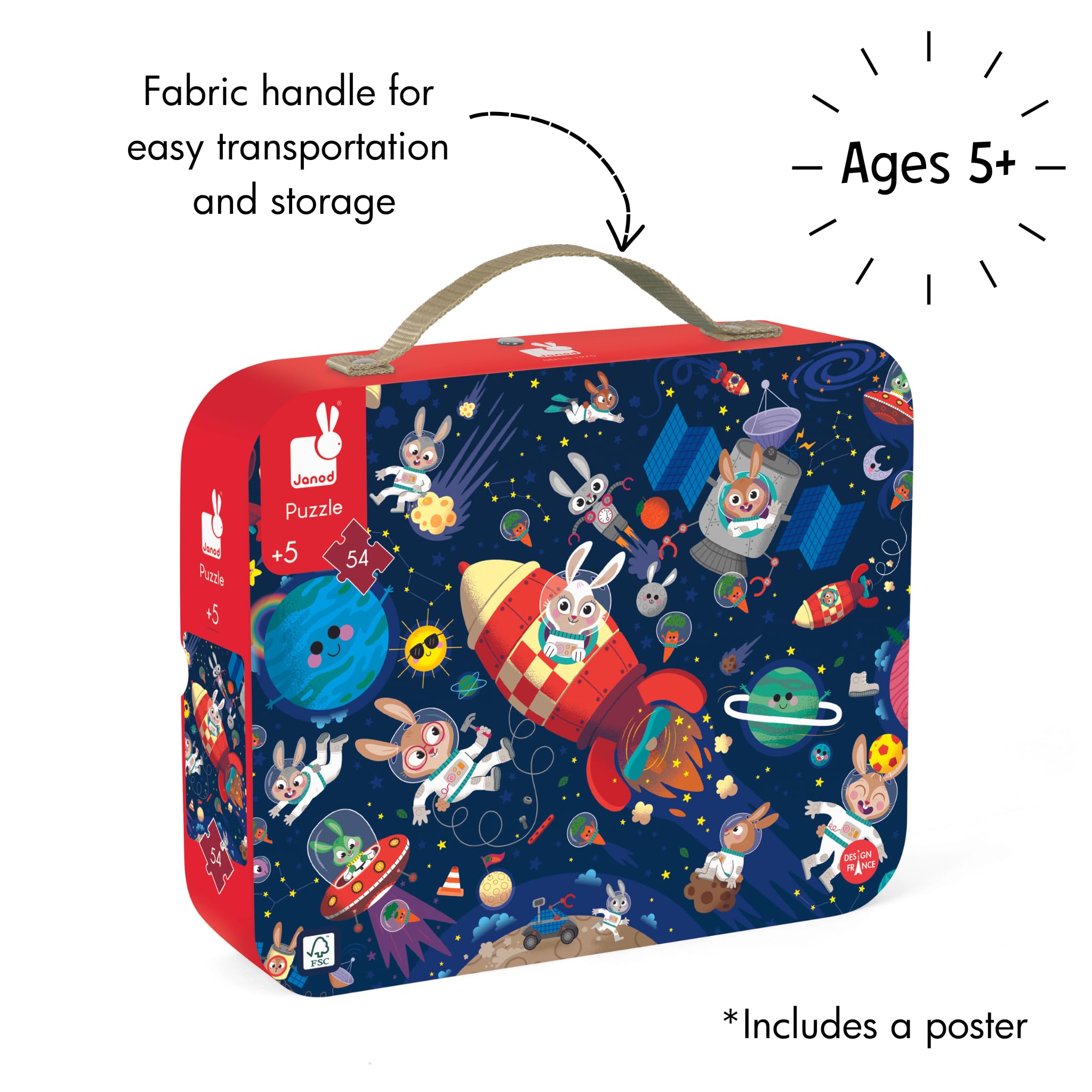 Janod 54 Pieces Children's Jigsaw Puzzle - Rocket Rabbits - Giftable Carrying Case with Fabric Handle - Ages 5-7 Years - J02557 - Image 3