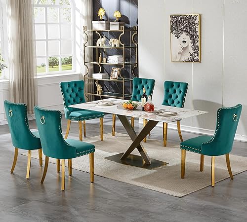 Miniatura 22 de Juego de mesa de comedor de mármol blanco para 6, 70 pulgadas, mesa de comedor de mármol blanco con 6 sillas de terciopelo beige y base de acero al