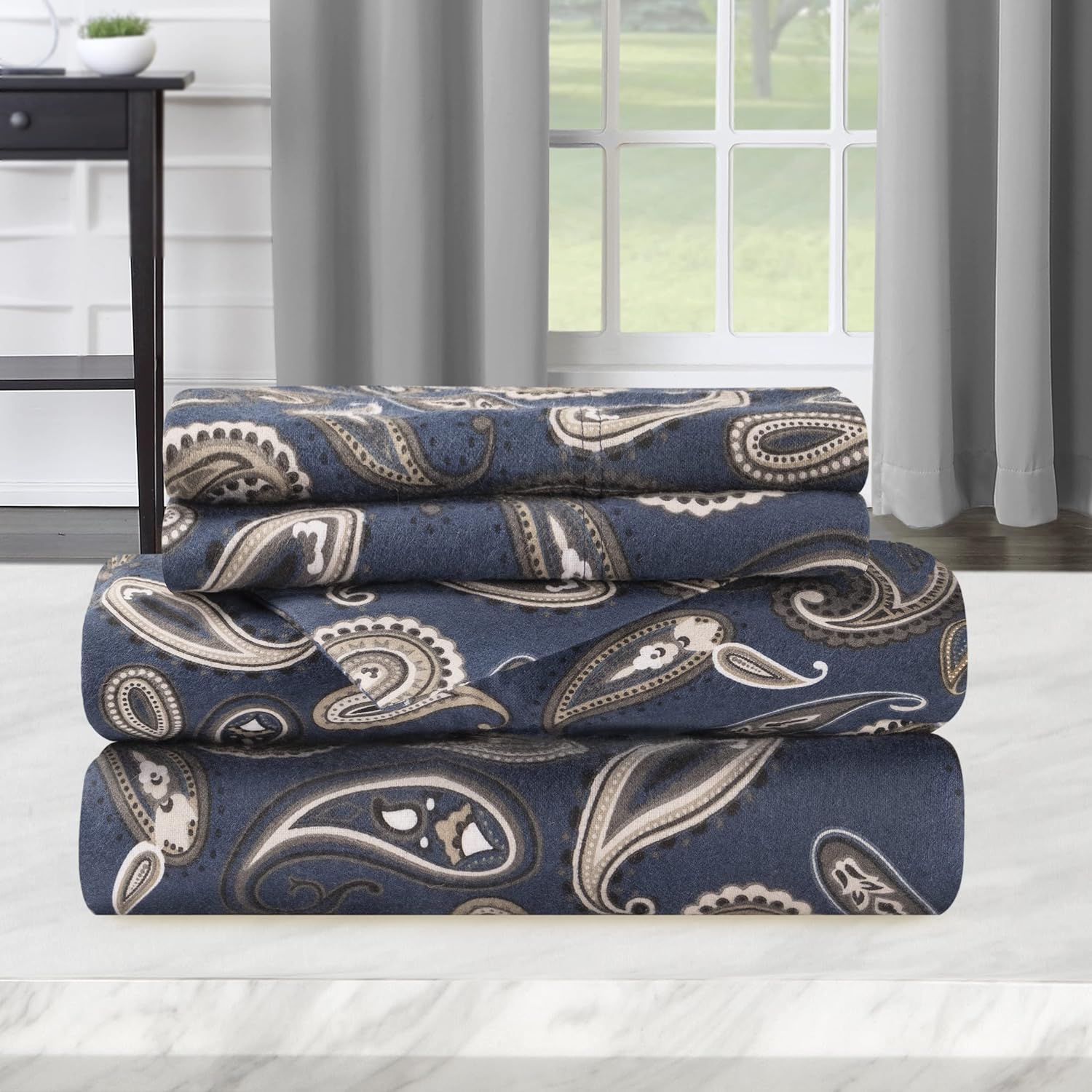 BNM Flannel Cotton Bed Sheet Set, Set Includes: One Flat Sheet, One Fitted Sheet, and Two Pillowcases, Bohemian Vintage Floral, Paisley Flannel Cotton Sheet Set, California King, Navy Blue