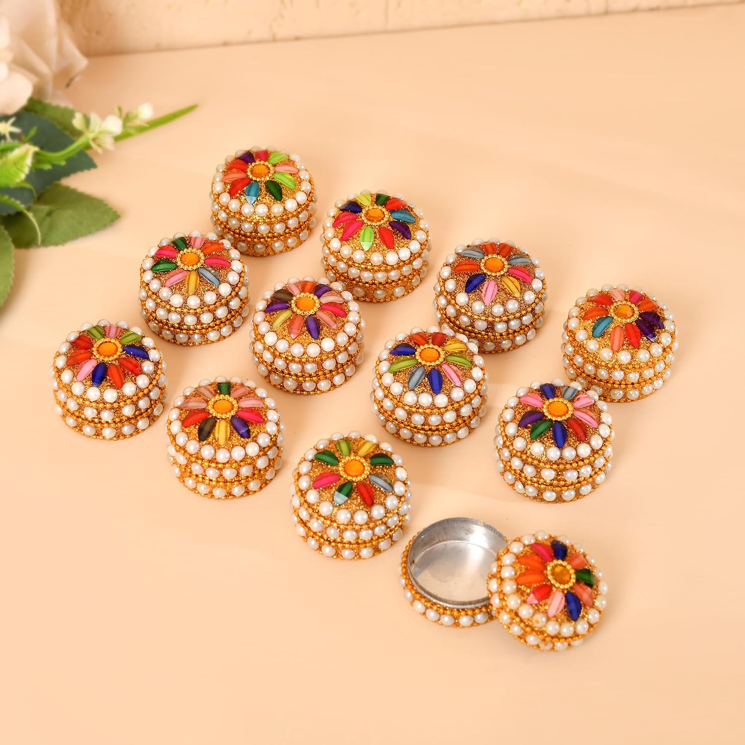 Handmade Decorative Kumkum Box, Pearl and Kundan Style Sindoor Dani for Puja, Wedding Return Gifts, Haldi Kumkum, Home Decor (Set of 12)