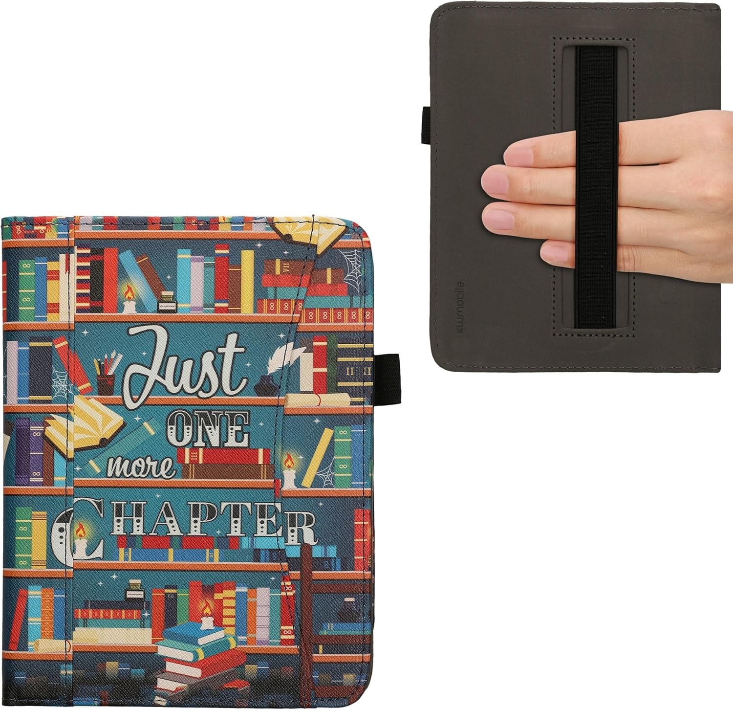 kwmobile Case Compatible with Amazon Kindle Paperwhite (2024)/Colorsoft - PU Leather Cover with Magnetic Closure, Strap, Front Pocket - Library Motto Multicolor
