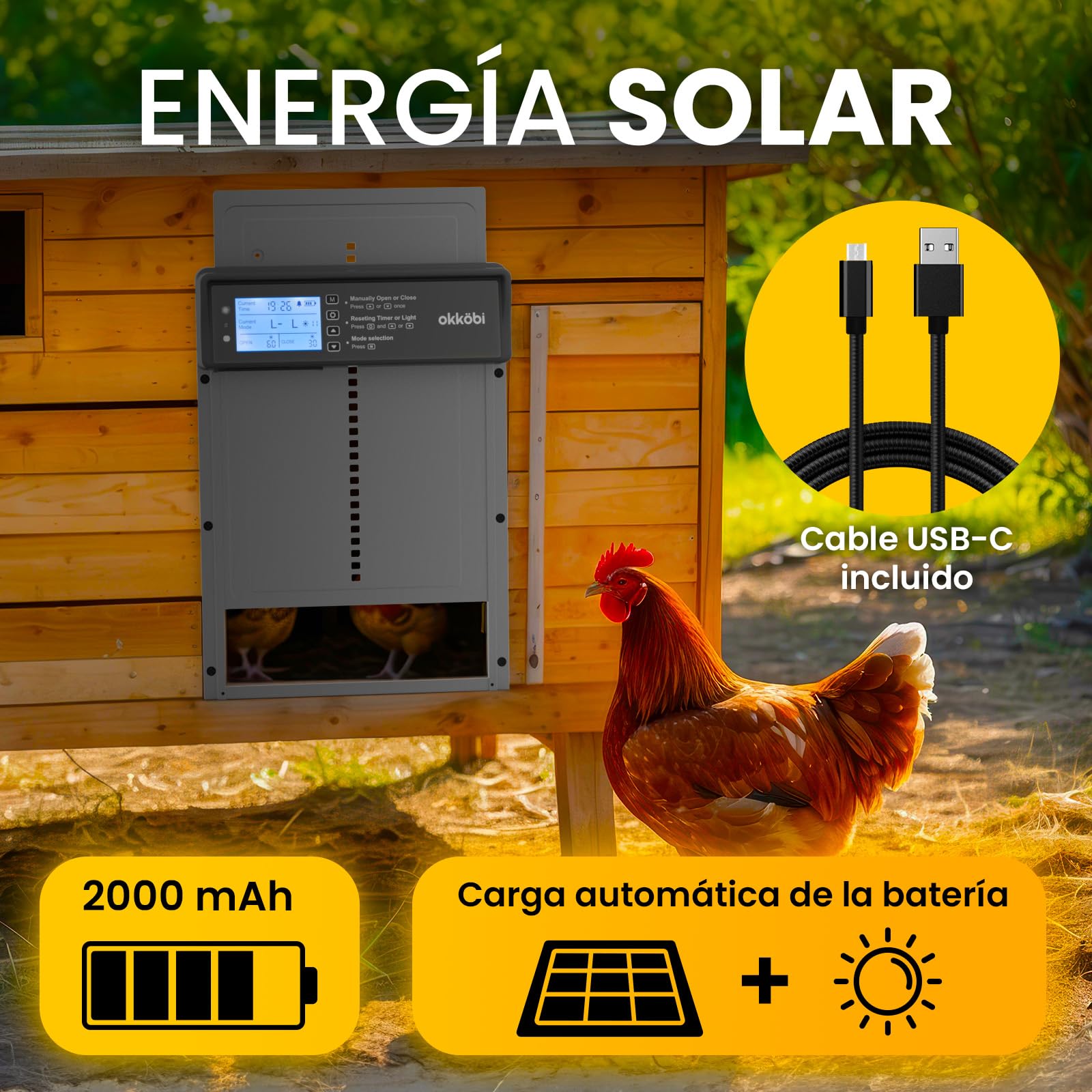 Puerta Gallinero Automatica Solar con Mando a Distancia, Sensor de Luz y Temporizador - Gris