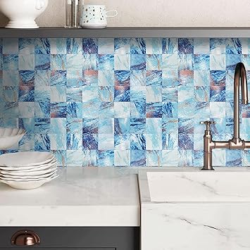 Blue and white kitchen backsplash tiles