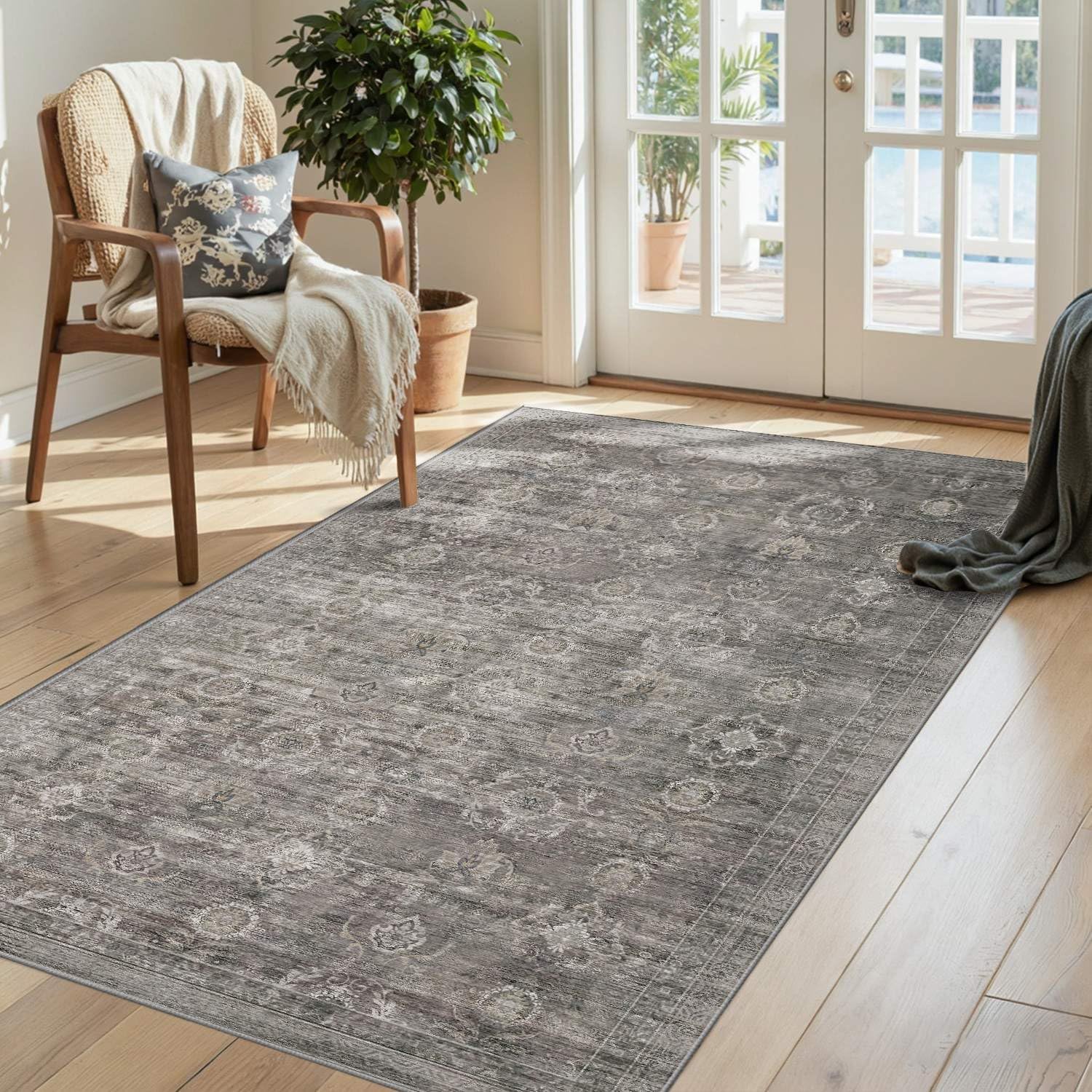 3x5 Rug for Entryway Bedroom, Grey 3x5 Washable Area Rug, Vintage Retro Boho Throw Rug, Non Slip & Low Pile Small Carpet for Indoor Kitchen, Bedside, Living Room, Bathroom and Dining
