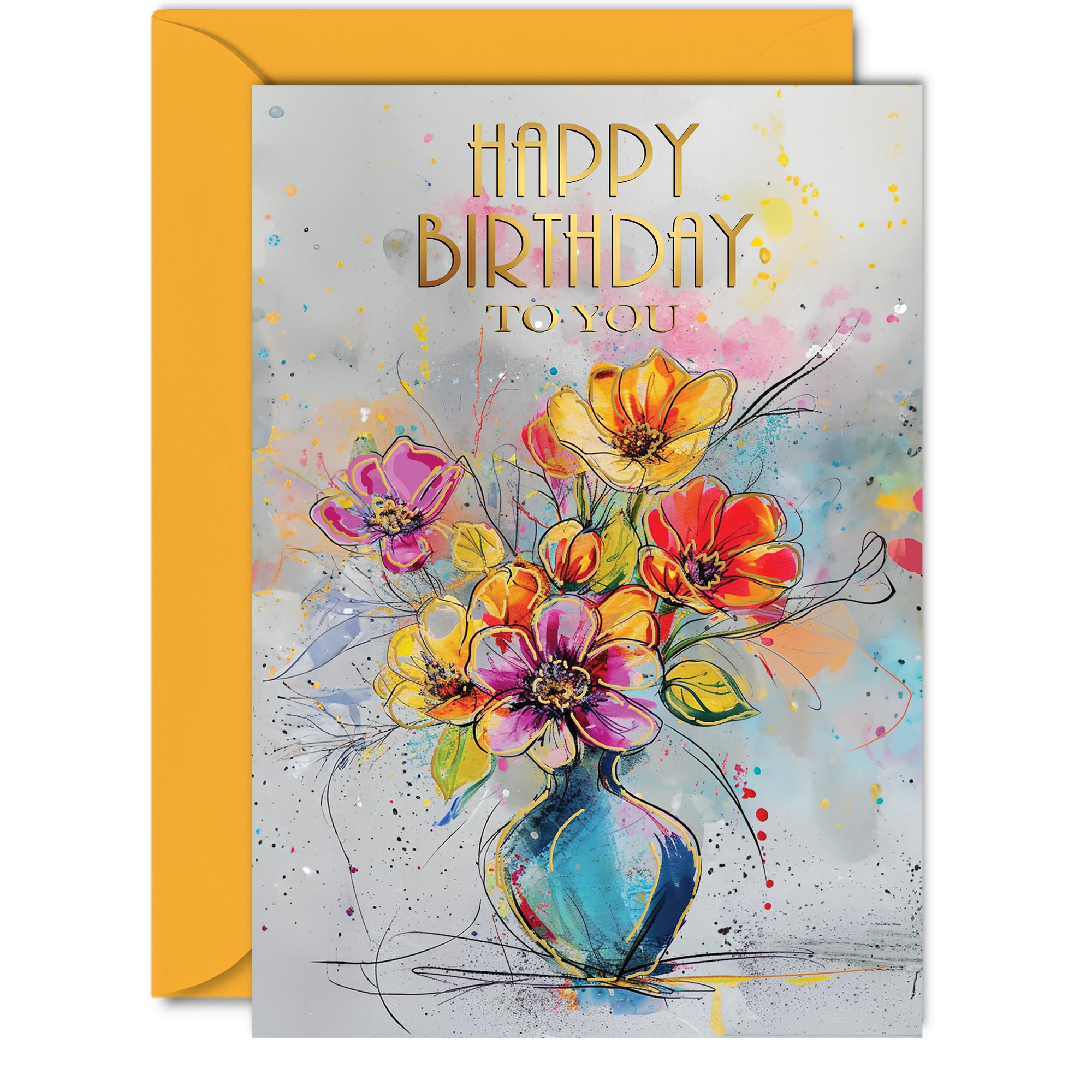 Beautiful Gold Birthday Cards for Women Her - Glimmering Vase - Elegant Traditional Pretty Birthday Card for Mum Daughter Grandma Auntie Granddaughter, A5 Gorgeous Greeting Cards Gift