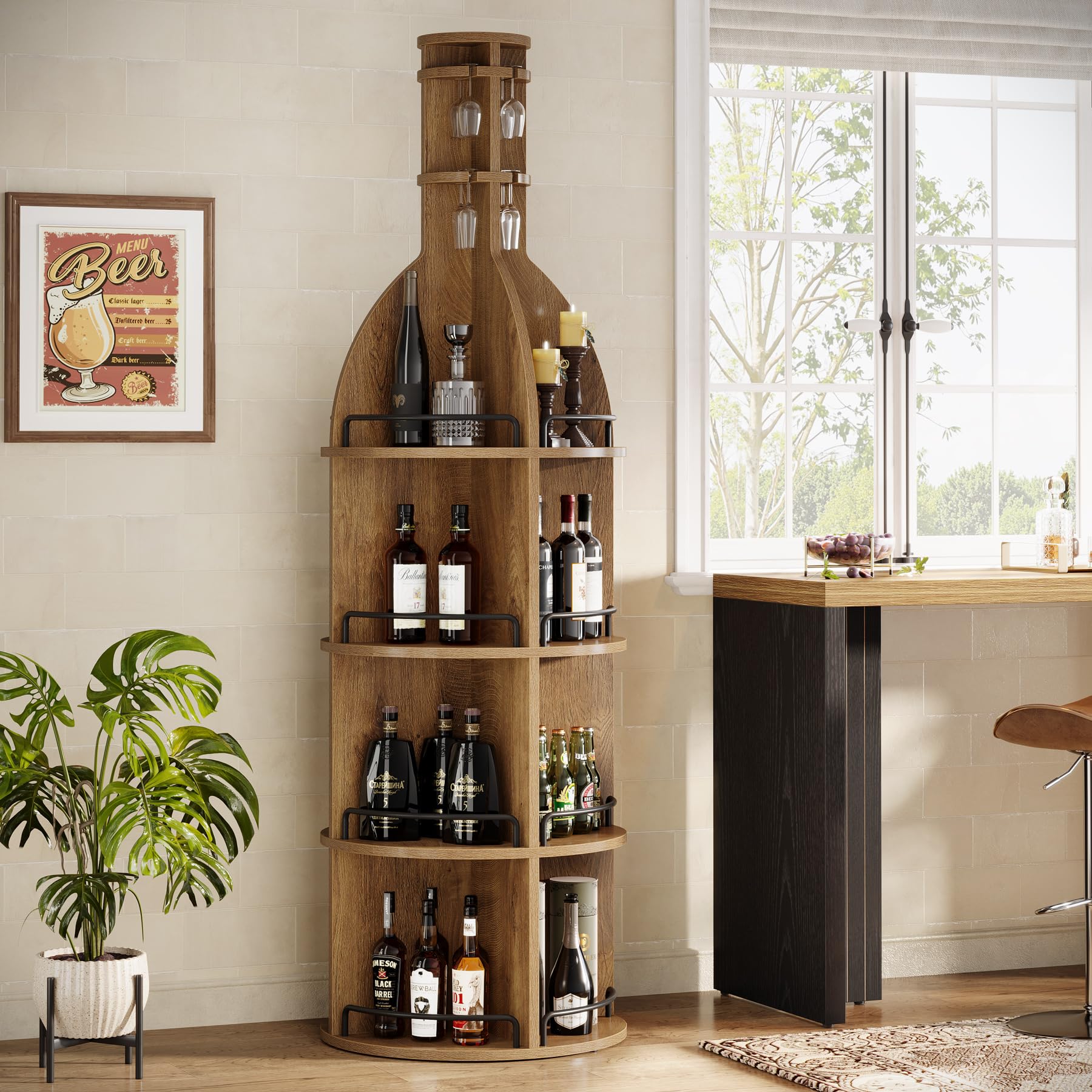 Tribesigns Étagère à Vin avec Tablettes de Rangement, 190 cm Casier à Vin Industriel Rond avec Porte-verres Suspendu, Présentoir à Bouteilles Autoportant pour Salon, Cave, Marron (Sans Éclairage, 1PC)