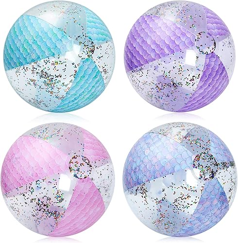 Miniatura 7 de Honoson Bola de playa de sirena de 12 pulgadas, bola de playa inflable gigante con purpurina, bola de playa con purpurina, regalos de fiesta de
