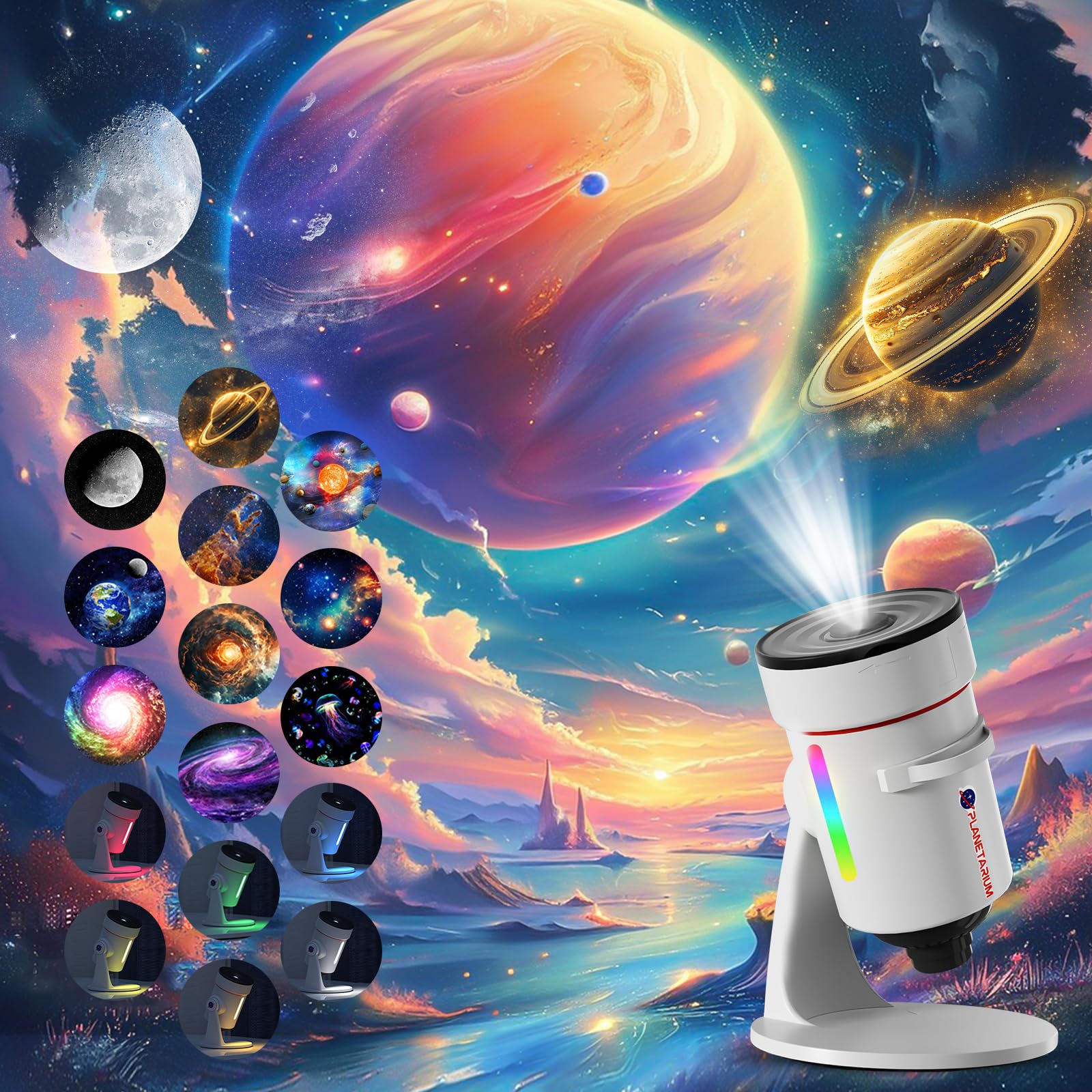 Monemey Proyector de Galaxias y Estrellas Real, 10 Discos Planetarios HD con Lente Mejorado, Luz Nocturna 8 Colores + Temporizador para Proyección en Techo de Dormitorio/Salón - Adultos y Niños