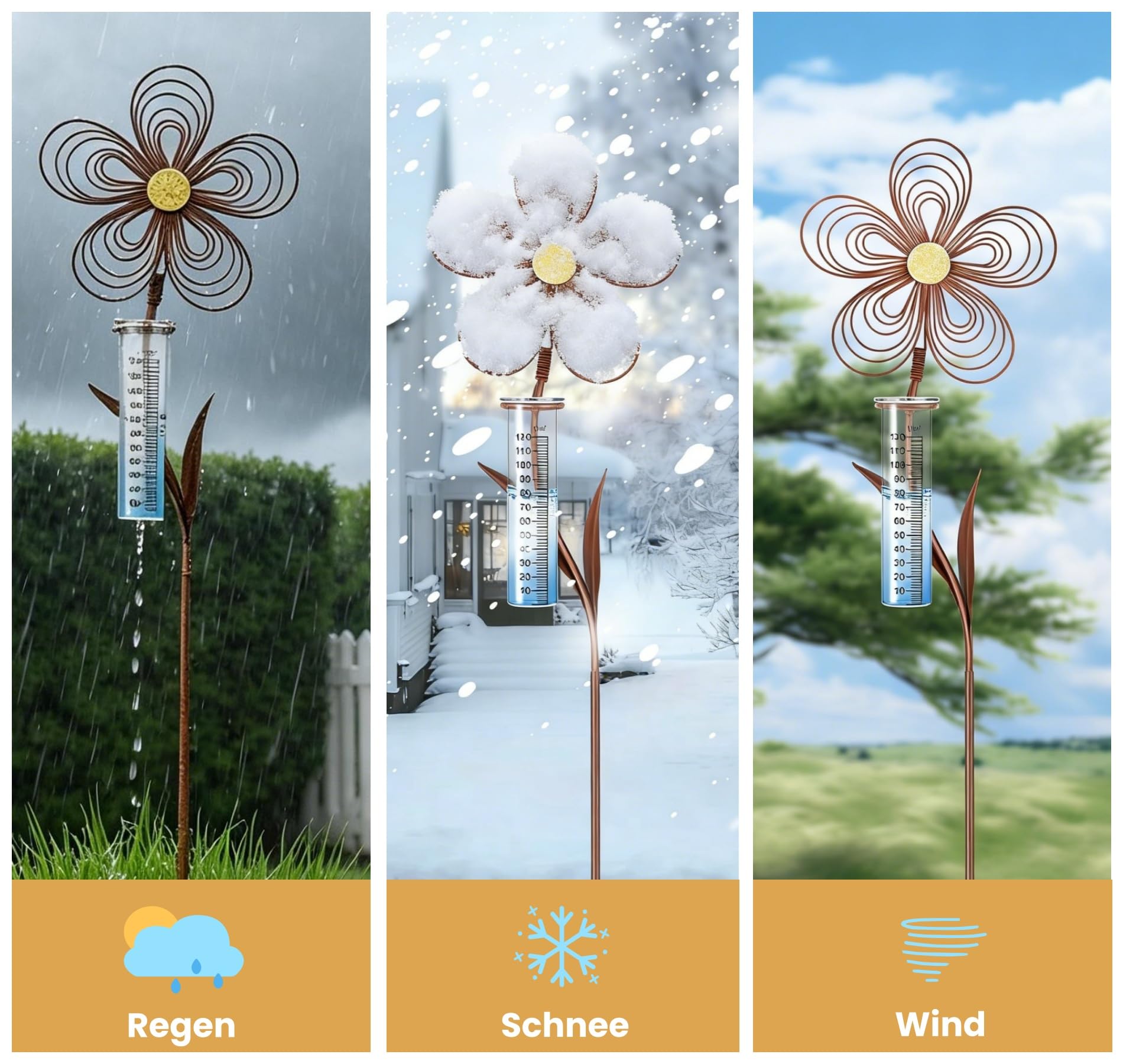 Regenmesser für Garten frostsicher 110 cm Hoch, Dekorativer Niederschlagsmesser aus Glas mit Metall Blumenstecker, Gartendeko in Rostoptik mit Erdspieß