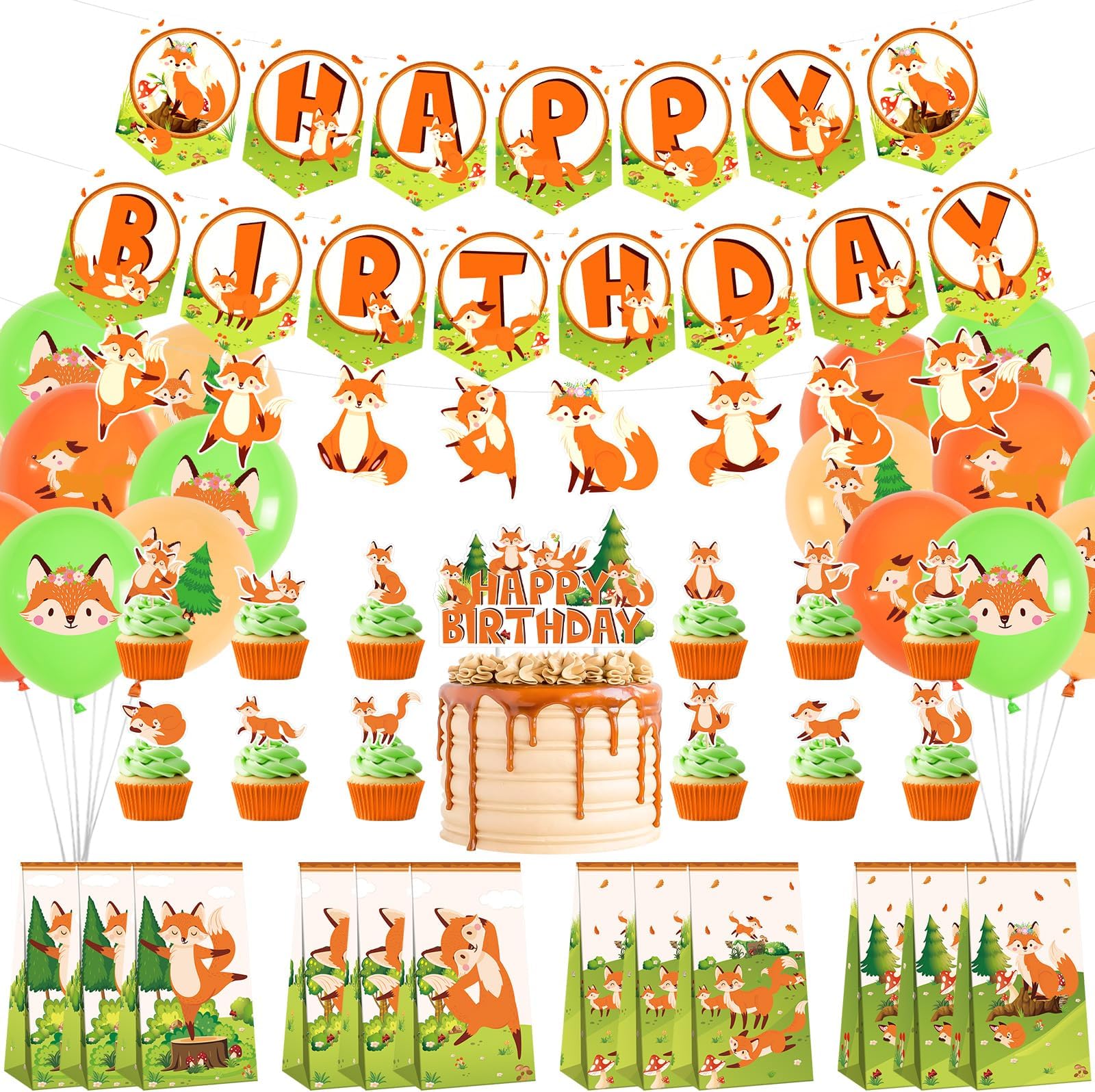 Fox Birthday Party Supplies, Including Happy Birthday Party Banner, cake topper, Gift Bag, Balloons, for Girl Boy Fox Theme Baby Shower Birthday Party Decorations