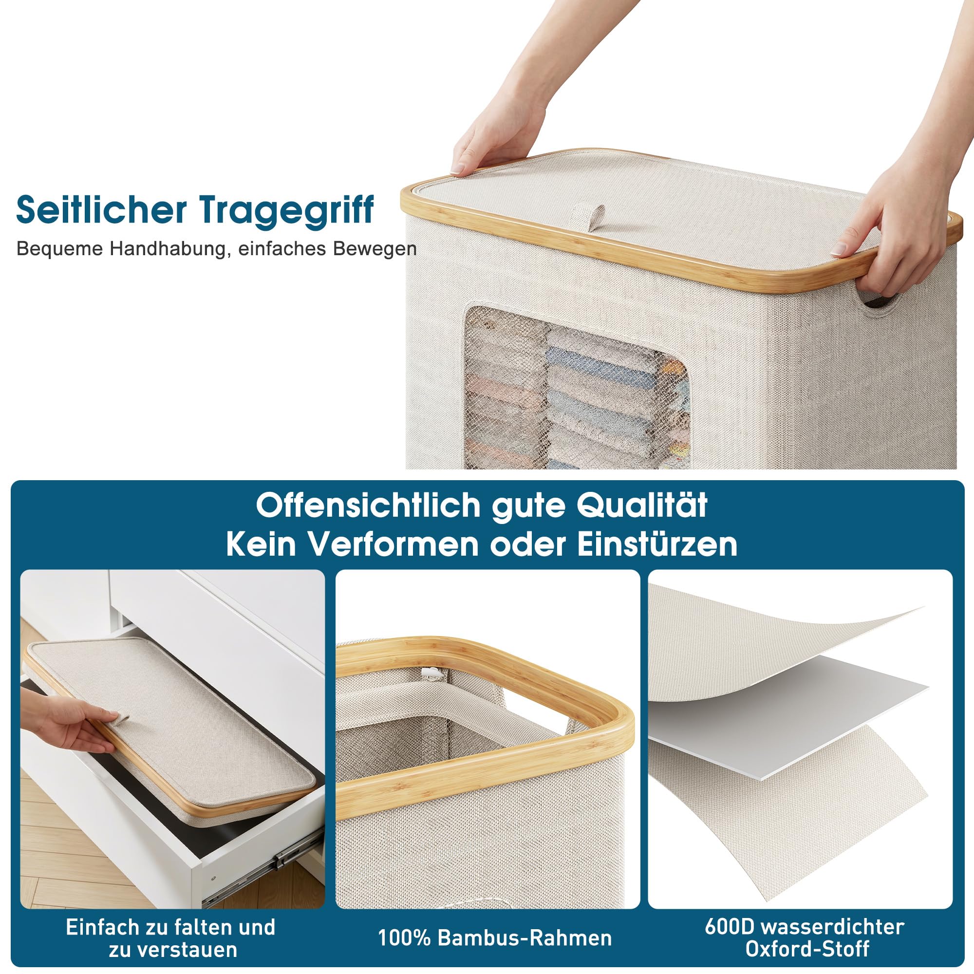 Wäschekorb 3 Fächer 160L, Wäschesammler mit Deckel, Bambusrahmen und 600D wasserdichtem Oxford Stoff, mit 3 herausnehmbaren Innentaschen für Schlafzimmer und Badezimmer, Beige