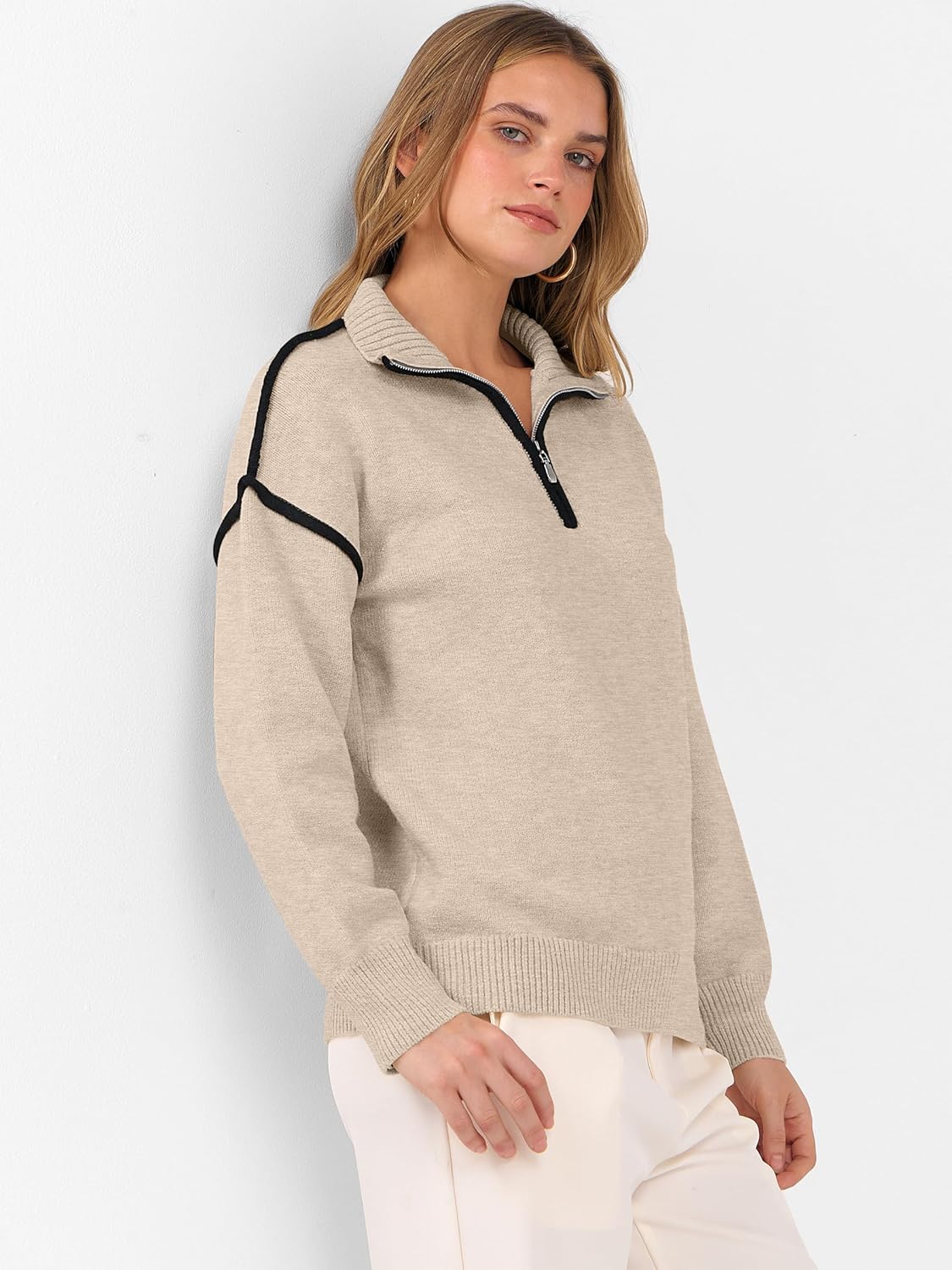 ANRABESS Womens Quarter Zip Sweaters Fall Long Sleeve V Neck Shirts Collared Business Casual Tops Knit Pullover Sweatshirts - Image 7