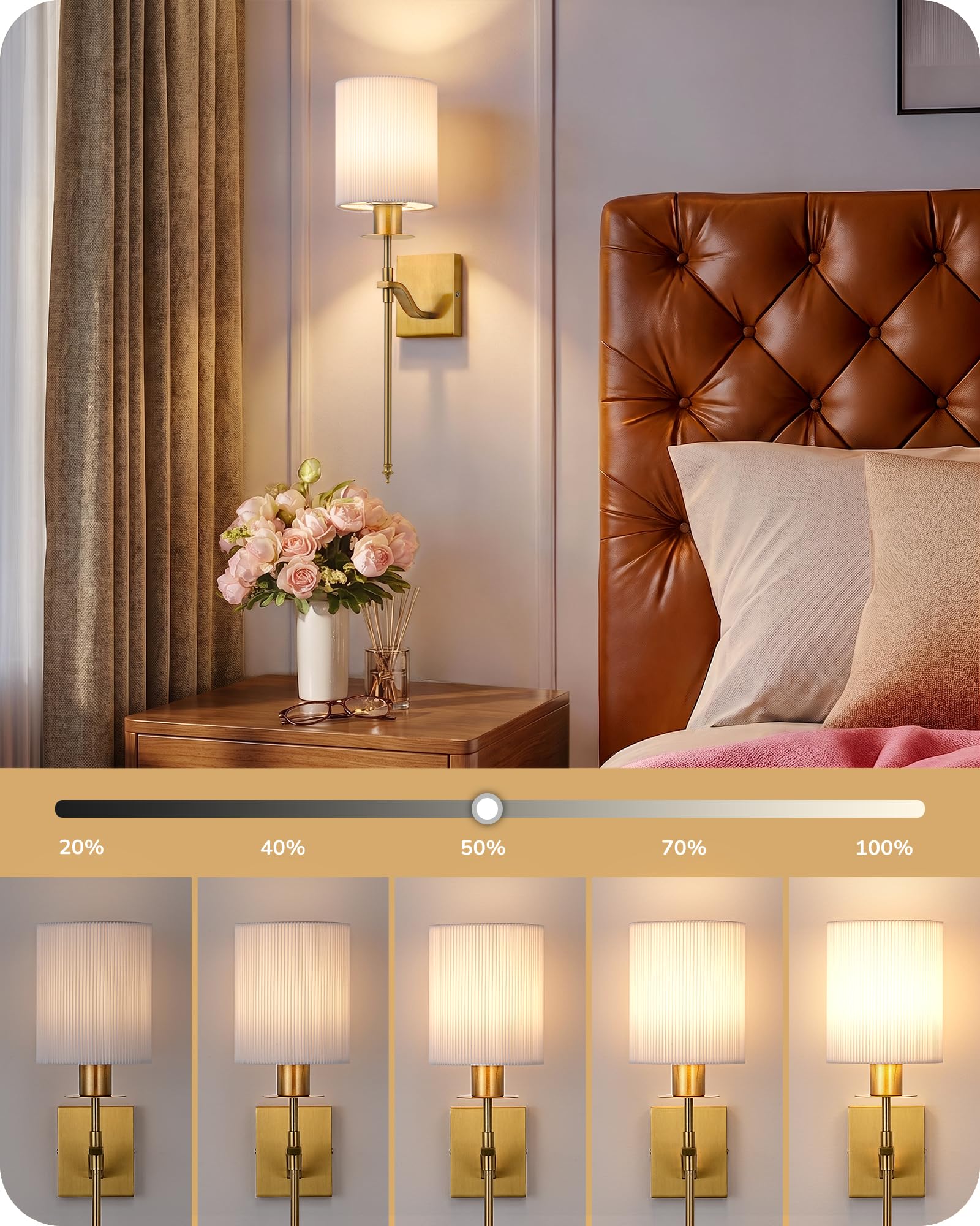 EDISHINE Aplique de pared interior inalámbrico, 2 unidades, mando a distancia y E27 RGBW, bombilla regulable y recargable, 3000K-4500K-6000K, color blanco, base dorada para sala de estar,dorado