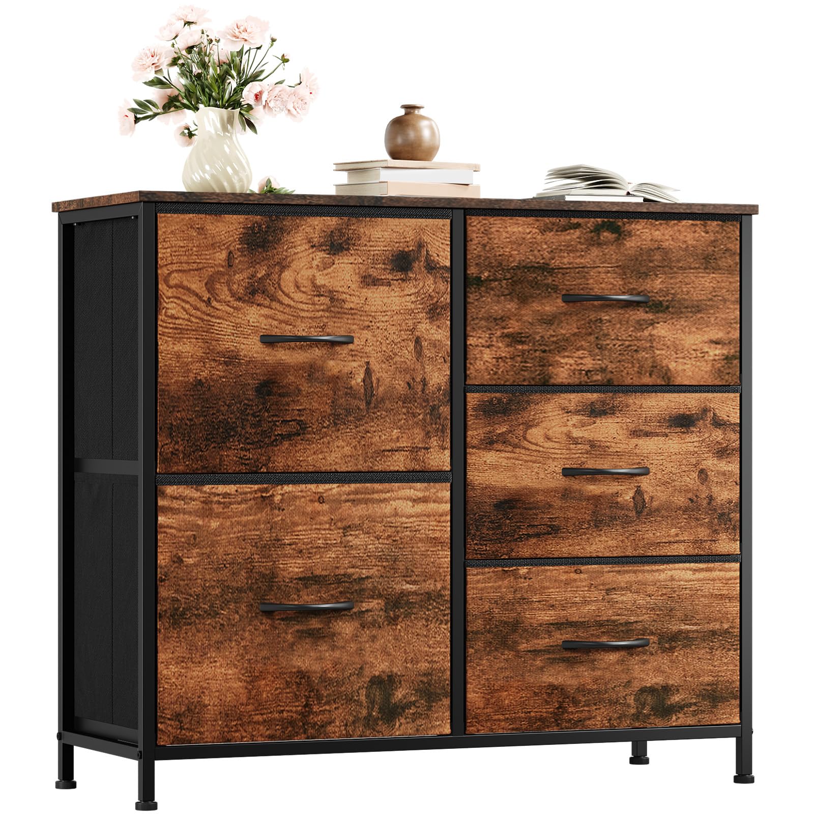 Somdot Chest of Drawers for Bedroom with 5 Drawers, Storage Cabinet Storage Unit with Fabric Drawers for Closet Nursery Living Room Laundry Hallway, Wood Grain Print