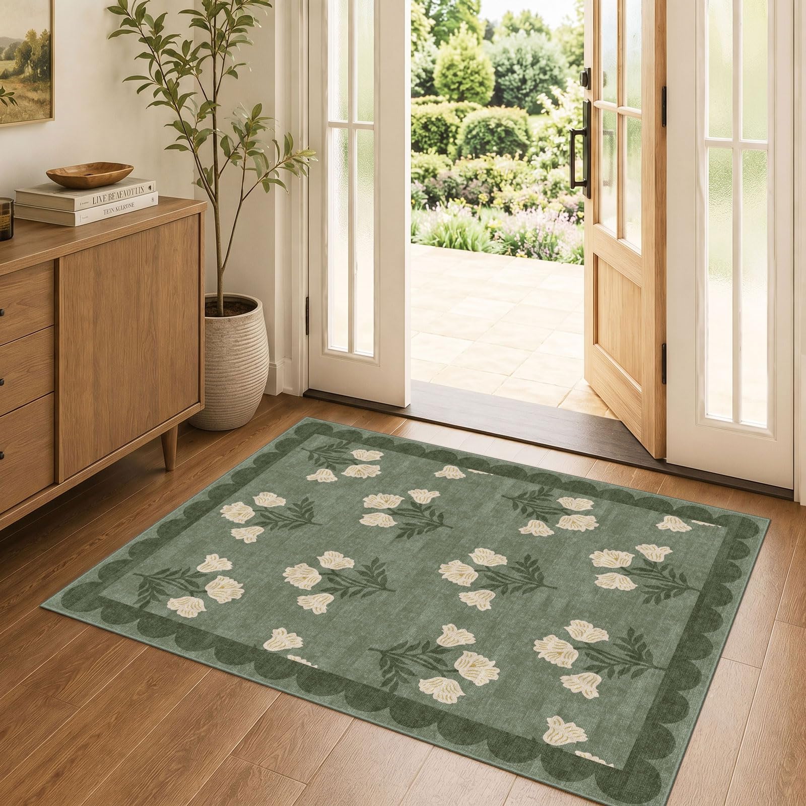 Othilic 3x4 Floral Entry Rug - Small Washable Indoor Outdoor Mats for Front Door Non-Slip Spring Porch Rug Sage Green Farmhouse Throw Rugs for Living Room Bedroom Entryway Kitchen Office Porch Decor