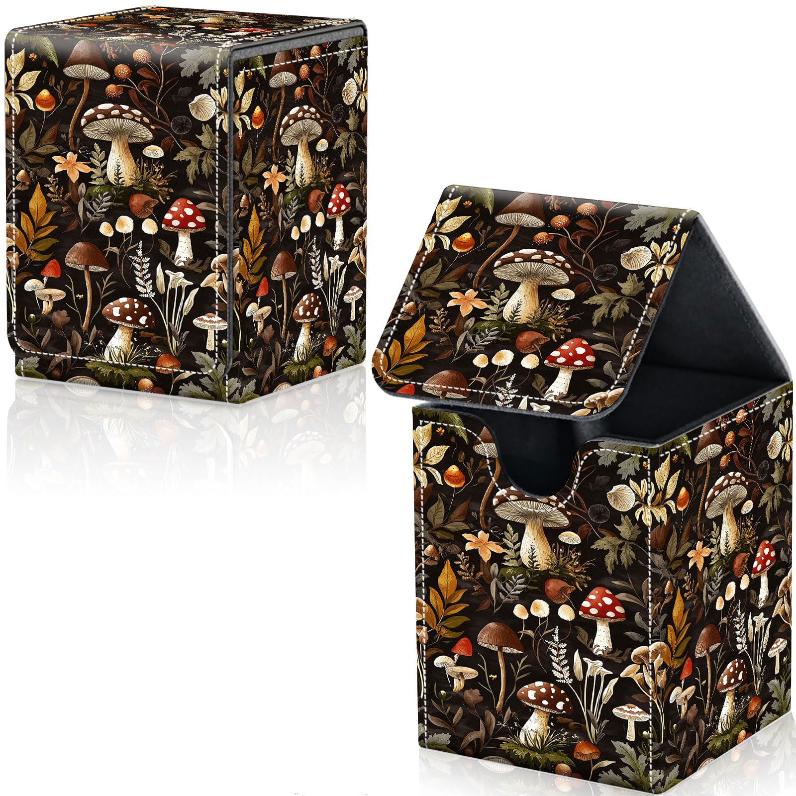 Qindaiwen Card Deck Box for Trading Cards, MTG Deck Box Fits 100+ Single Sleeved Cards, PU Leather Strong Magnet Card Deck Case Holder for Magic Commander TCG CCG, Mushrooms Plants