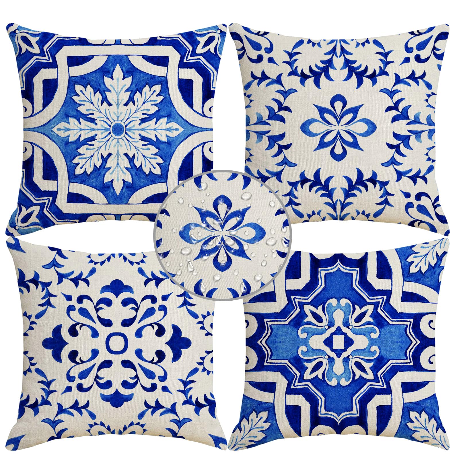 Housses de coussin imperméables 50x50 bleu ethnique pour décoration extérieure