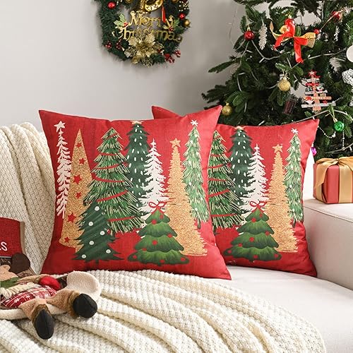 FUTEI Juego de 2 fundas de almohada decorativas para árbol de Navidad de 18 x 18 pulgadas, fundas de cojín de lino rojo navideño, almohadas de
