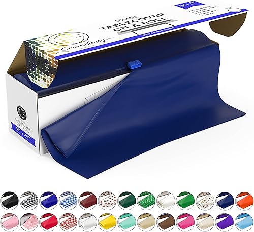 Grandipity Rollo de mantel de plástico, 54 pulgadas x 300 pies, manteles de plástico color azul marino para fiestas, desechables con caja de corte,