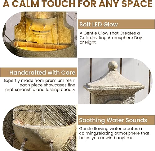 Miniatura 8 de Fuente de pared para exteriores con luces LED, fuente de agua independiente de 42.91 pulgadas de alto, gran función de cascada de patio, resina