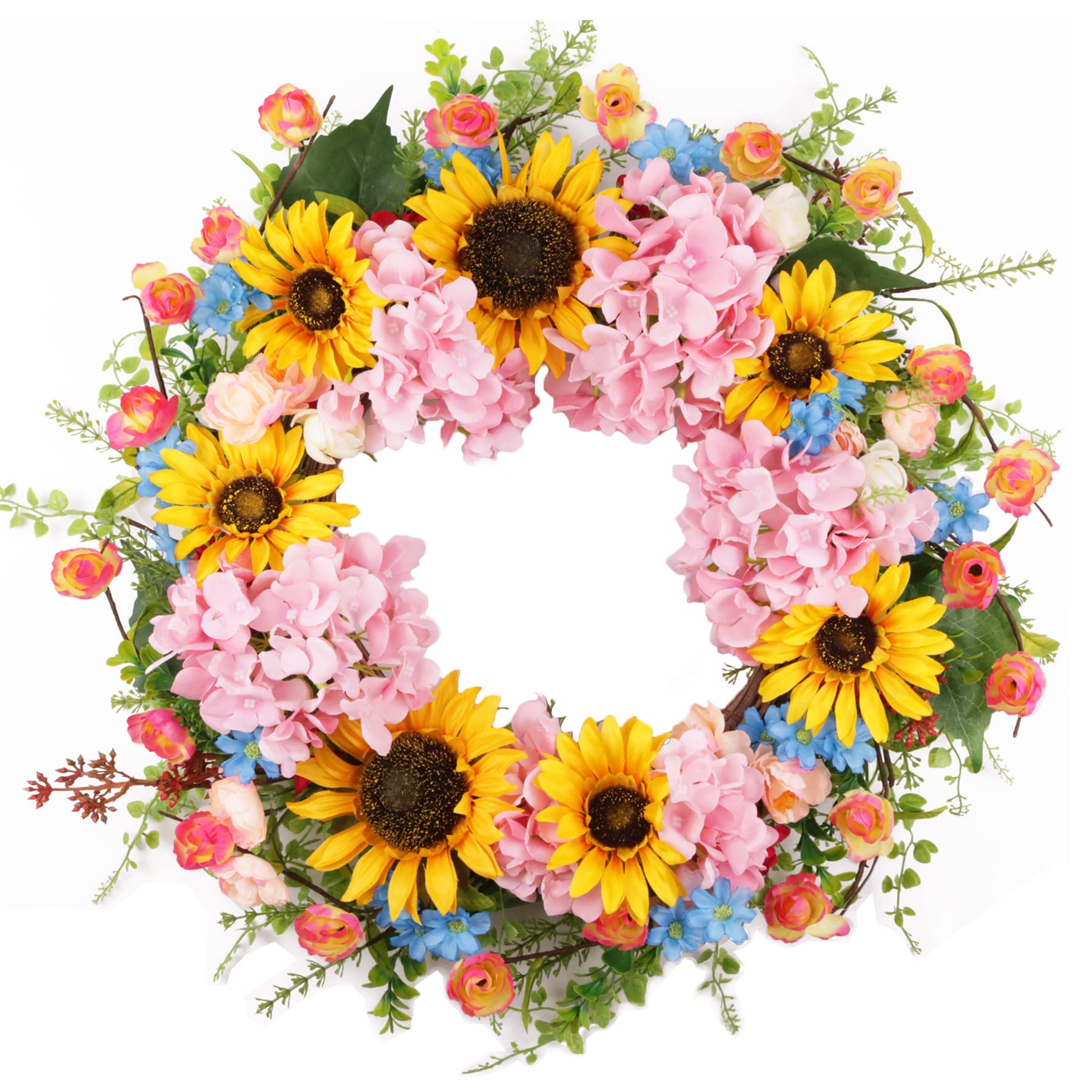 22" Spring Wreaths for Front Door, Front Door Wreath with Sunflower Pink Hydrangea Daisy Eucalyptus, Spring Summer Wreath Outdoor, Blooming Artificial Flowers Wreath Spring Decorations