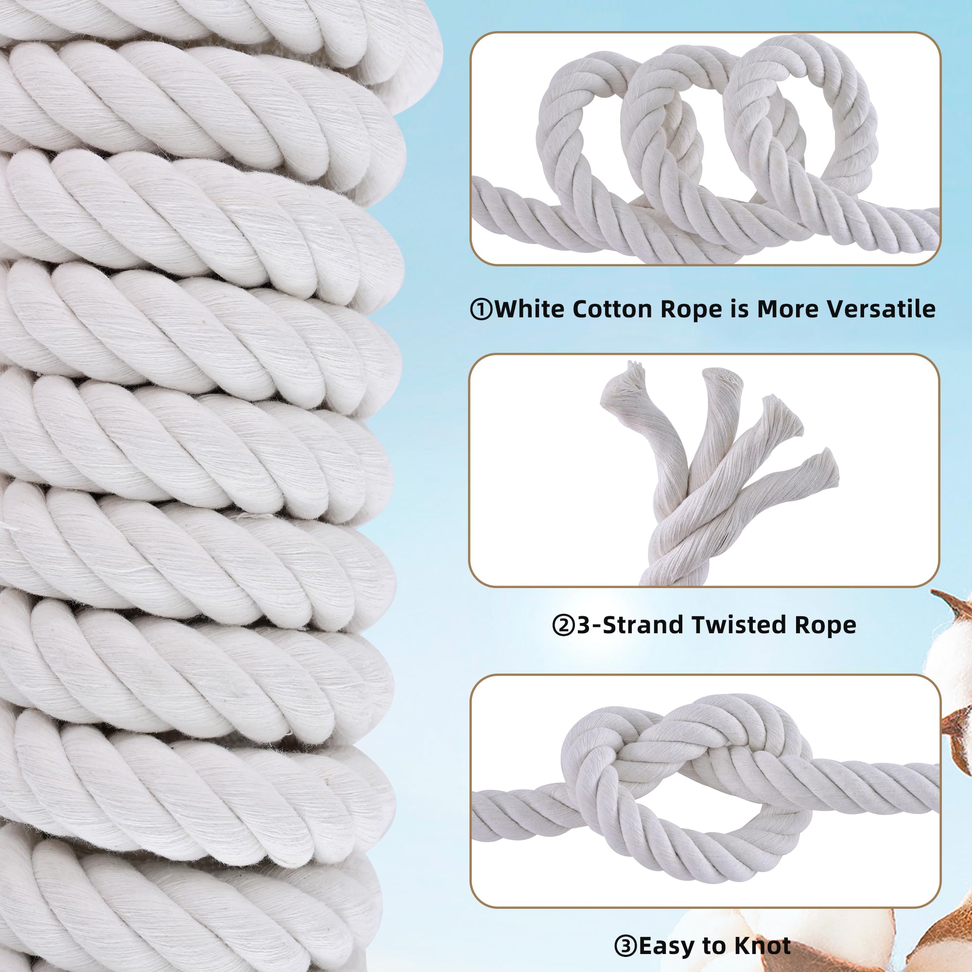 White Cotton Rope 3/4in × 50ft Natural Twisted,Available as Used for Tug of War, Navigation, Fitness and Making Handicrafts, etc — Amazon image 3