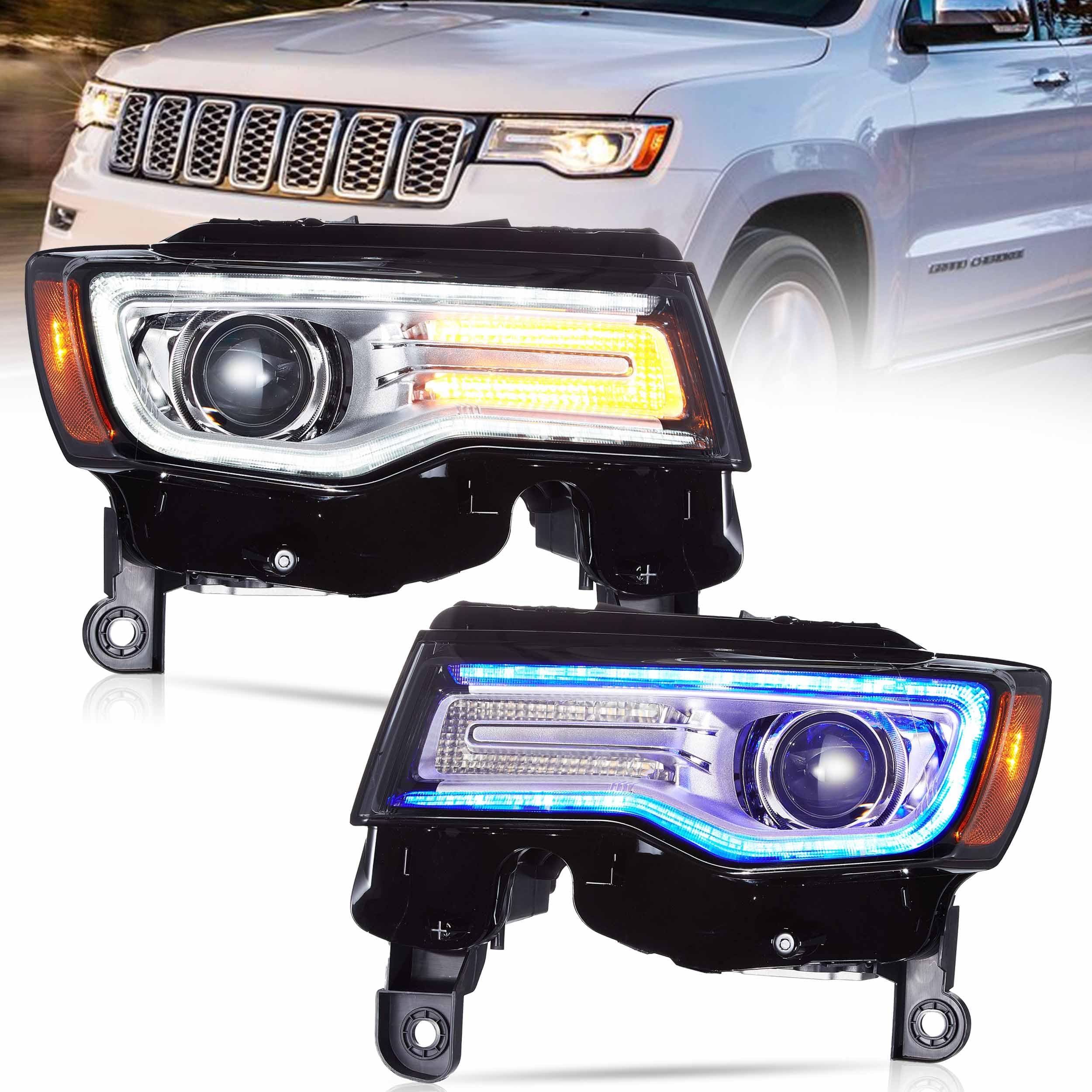 VLANDLED Headlight Fit for 2014-2022 Jeep Grand Cherokee, Running Lights with Startup Animation(Optional), Clear